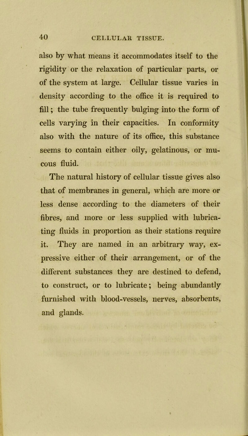 also by what means it accommodates itself to the rigidity or the relaxation of particular parts, or of the system at large. Cellular tissue varies in density according to the office it is required to fill; the tube frequently bulging into the form of cells varying in their capacities. In conformity also with the nature of its office, this substance seems to contain either oily, gelatinous, or mu- cous fluid. The natural history of cellular tissue gives also that of membranes in general, which are more or less dense according to the diameters of their fibres, and more or less supplied with lubrica- ting fluids in proportion as their stations require it. They are named in an arbitrary way, ex- pressive either of their arrangement, or of the different substances they are destined to defend, to construct, or to lubricate; being abundantly furnished with blood-vessels, nerves, absorbents, and glands.
