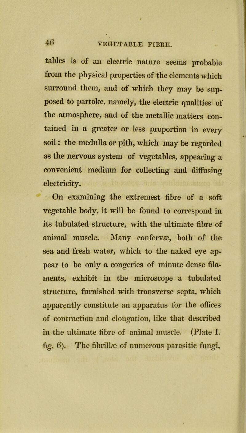 tables is of an electric nature seems probable from the physical properties of the elements which surround them, and of which they may be sup- posed to partake, namely, the electric qualities of the atmosphere, and of the metallic matters con- tained in a greater or less proportion in every soil: the medulla or pith, which may be regarded as the nervous system of vegetables, appearing a convenient medium for collecting and diffusing electricity. On examining the extremest fibre of a soft vegetable body, it will be found to correspond in its tubulated structure, with the ultimate fibre of animal muscle. Many confervae, both of the sea and fresh water, which to the naked eye ap- pear to be only a congeries of minute dense fila- ments, exhibit in the microscope a tubulated structure, furnished with transverse septa, which apparently constitute an apparatus for the offices of contraction and elongation, like that described in the ultimate fibre of animal muscle. (Plate I. fig. 6). The fibrillse of numerous parasitic fungi,