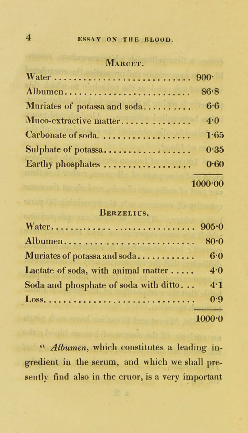 Marcet. Water 900- Albumen 86-8 Muriates of potassa and soda 66 Muco-extractive matter 4*0 Carbonate of soda 1'65 Sulphate of potassa 0-35 Earthy phosphates 0-60 100000 Berzelius. Water 905*0 Albumen 80*0 Muriates of potassa and soda 6 0 Lactate of soda, with animal matter 4*0 Soda and phosphate of soda with ditto. .. 4*1 Loss 09 1000-0 “ Albumen, which constitutes a leading in- gredient in the serum, and which we shall pre- sently find also in the cruor, is a very important