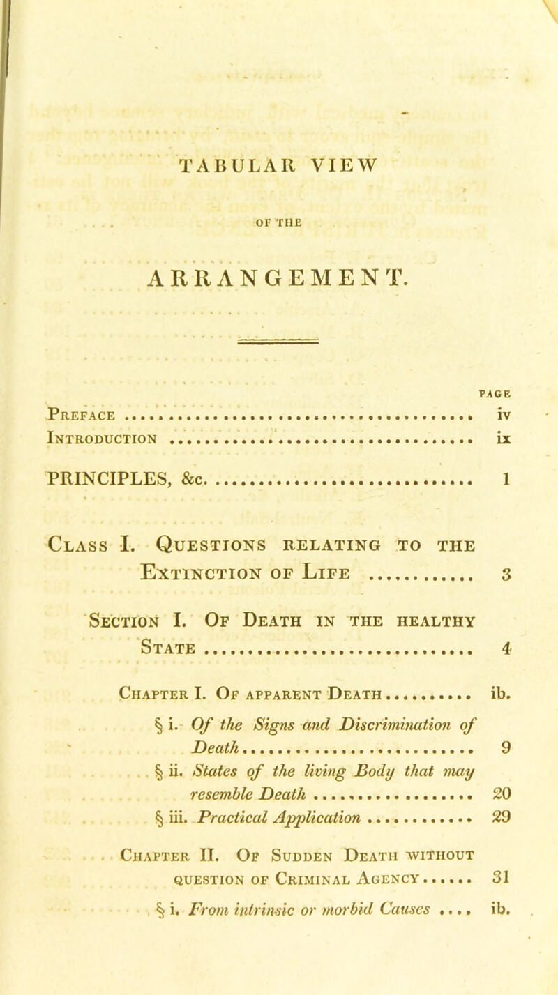 TABULAR VIEW or THE ARRANGEMENT. PAGE Preface iv Introduction ix PRINCIPLES, &c 1 Class I. Questions relating to the Extinction of Life 3 Section I. Of Death in the healthy State 4 Chapter I. Of apparent Death ib. § i. Of the Signs and Discrimination of Death 9 § ii. States of the living Body that may resemble Death 20 § iii. Practical Application 29 Chapter II. Of Sudden Death without question of Criminal Agency 31 § i. From intrinsic or morbid Causes ib. • t • •