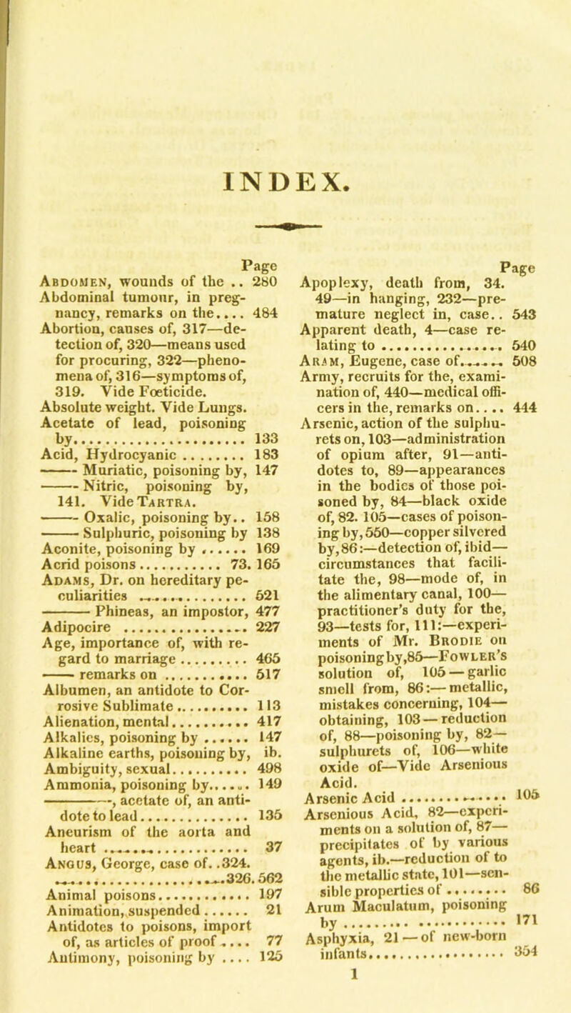 INDEX. Page Abdomen, wounds of the .. 280 Abdominal tumour, in preg- nancy, remarks on the.... 484 Abortion, causes of, 317—de- tection of, 320—means used for procuring, 322—pheno- mena of, 316—symptoms of, 319. Vide Foeticide. Absolute weight. Vide Lungs. Acetate of lead, poisoning by 133 Acid, Hydrocyanic 183 Muriatic, poisoning by, 147 Nitric, poisoning by, 141. VideTaRTRA. Oxalic, poisoning by.. 158 Sulphuric, poisoning by 138 Aconite, poisoning by 169 Acrid poisons 73. 165 Adams, Dr. on hereditary pe- culiarities 521 Phineas, an impostor, 477 Adipocire .. 227 Age, importance of, with re- gard to marriage 465 remarks on 517 Albumen, an antidote to Cor- rosive Sublimate 113 Alienation, mental 417 Alkalies, poisoning by ...... 147 Alkaline earths, poisoning by, ib. Ambiguity, sexual 498 Ammonia, poisoning by 149 , acetate of, an anti- dote to lead 135 Aneurism of the aorta and heart . ... .. 37 Angus, George, case of. .324. ... ...326.562 Animal poisons 197 Animation,.suspended 21 Antidotes to poisons, import of, as articles of proof .... 77 Antimony, poisoning by .... 125 Page Apoplexy, death from, 34. 49—in hanging, 232—pre- mature neglect in, case.. 543 Apparent death, 4—case re- lating to ... ... 540 Aram, Eugene, case of...... 508 Army, recruits for the, exami- nation of, 440—medical offi- cers in the, remarks on.... 444 Arsenic, action of the sulphu- rets on, 103—administration of opium after, 91—anti- dotes to, 89—appearances in the bodies of those poi- soned by, 84—black oxide of, 82. 105—cases of poison- ing by, 550—copper silvered by, 86:—detection of, ibid— circumstances that facili- tate the, 98—mode of, in the alimentary canal, 100— practitioner’s duty for the, 93—tests for, 111experi- ments of Mr. Brodie on poisoning by ,85—Fowler’s solution of, 105 —garlic smell from, 86:—metallic, mistakes concerning, 104— obtaining, 103—reduction of, 88—poisoning by, 82— sulphurets of, 106—white oxide of—Vide Arsenious Acid. Arsenic Acid • • • Arsenious Acid, 82—experi- ments on a solution of, 87— precipitates of by various agents, ib.—reduction ol to the metallic state, 101—sen- sible properties of • • 86 Arum Maculatum, poisoning by 171 Asphyxia, 21 —of new-born infants 354 1