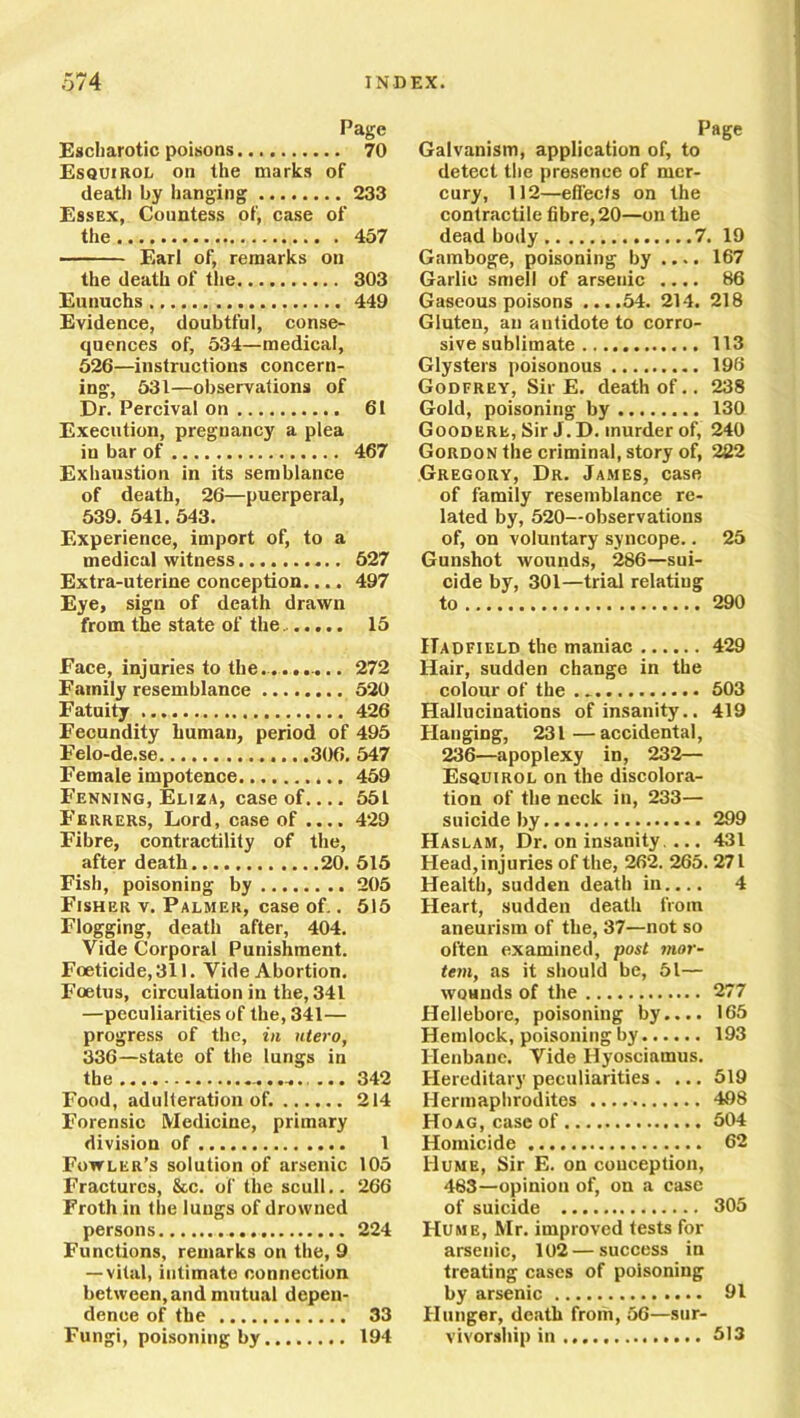 Page Escharotic poisons 70 Esquirol on the marks of death by hanging 233 Essex, Countess of, case of the 457 Earl of, remarks on the death of the 303 Eunuchs 449 Evidence, doubtful, conse- quences of, 534—medical, 526—instructions concern- ing, 531—observations of Dr. Percival on 61 Execution, pregnancy a plea in bar of 467 Exhaustion in its semblance of death, 26—puerperal, 539. 541. 543. Experience, import of, to a medical witness 527 Extra-uterine conception.... 497 Eye, sign of death drawn from the state of the 15 Page Galvanism, application of, to detect the presence of mer- cury, 112—effects on the contractile fibre, 20—on the dead body 7. 19 Gamboge, poisoning by .... 167 Garlic smell of arsenic .... 86 Gaseous poisons ....54. 214. 218 Gluten, an antidote to corro- sive sublimate 113 Glysters poisonous 196 Godfrey, Sir E. death of.. 238 Gold, poisoning by 130 Gooderk, Sir J. D. murder of, 240 Gordon the criminal, story of, 222 Gregory, Dr. James, case of family resemblance re- lated by, 520—observations of, on voluntary syncope.. 25 Gunshot wounds, 286—sui- cide by, 301—trial relating to 290 Face, injuries to the......... 272 Family resemblance 520 Fatuity 426 Fecundity human, period of 495 Felo-de.se 306. 547 Female impotence 459 Fenning, Eliza, case of 551 Ferrers, Lord, case of .... 429 Fibre, contractility of the, after death 20. 515 Fish, poisoning by 205 Fisher v. Palmer, case of.. 515 Flogging, death after, 404. Vide Corporal Punishment. Foeticide, 311. Vide Abortion. Foetus, circulation in the, 341 —peculiarities of the, 341— progress of the, in utero, 336—state of the lungs in the 342 Food, adulteration of. 214 Forensic Medicine, primary division of 1 Fowler’s solution of arsenic 105 Fractures, &,c. of the scull.. 266 Froth in the lungs of drowned persons 224 Functions, remarks on the, 9 — vital, intimate connection between, and mutual depen- dence of the 33 Fungi, poisoning by 194 ITadfield the maniac 429 Hair, sudden change in the colour of the . 503 Hallucinations of insanity.. 419 Hanging, 231—accidental, 236—apoplexy in, 232— Esquirol on the discolora- tion of the neck in, 233— suicide by 299 Haslam, Dr. on insanity.... 431 Head,injuries of the, 262. 265.271 Health, sudden death in.... 4 Heart, sudden death from aneurism of the, 37—not so often examined, post mor- tem, as it should be, 51— woHnds of the 277 Hellebore, poisoning by.... 165 Hemlock, poisoning by 193 Henbane. Vide Hyosciamus. Hereditary peculiarities . ... 519 Hermaphrodites 498 Hoag, case of 504 Homicide 62 Hume, Sir E. on conception, 463—opinion of, on a case of suicide 305 Hume, Mr. improved tests for arsenic, 102 — success in treating cases of poisoning by arsenic 91 Hunger, death from, 56—sur- vivorship in 513