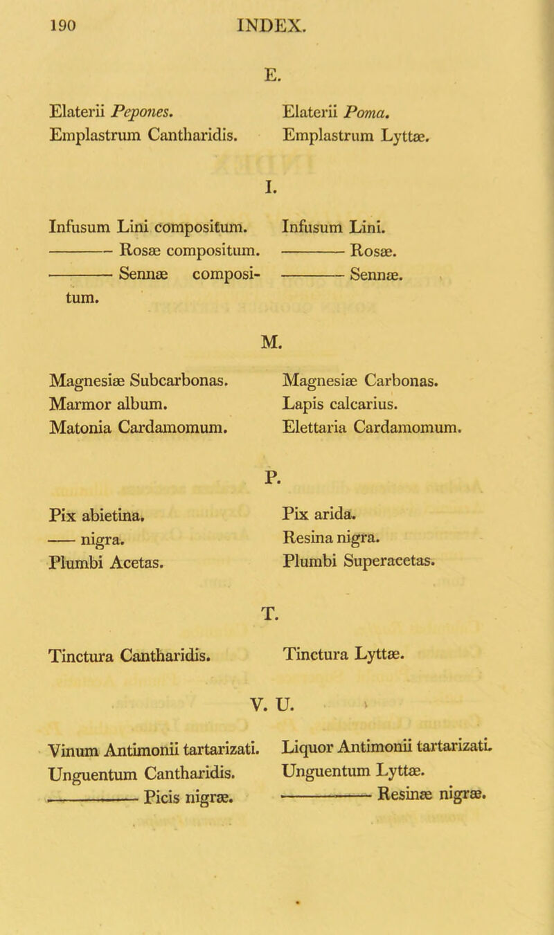 E. Elaterii Pepones. Elatem Poma. Emplastrum Cantharidis. Emplastrum Lyttae. I. Infusum Lini compositum. Infusum Lini. Rosae compositum. Rosae. Sennae composi- Sennae. tum. M. Magnesiae Subcarbonas. Marmor album. Matonia Cardamomum. Pix abietina. nigra. Plumbi Acetas. Magnesiae Carbonas. Lapis calcarius. Elettaria Cardamomum. P. Pix arida. Resina nigra. Plumbi Superacetas. T. Tinctura Cantharidis. Tinctura Lyttae. V. U. v Vinum Antimonii tartarizati. Liquor Antimonii tartarizati.. Unguentum Cantharidis. Unguentum Lyttae. Picis nigrae. Resinae nigrae.