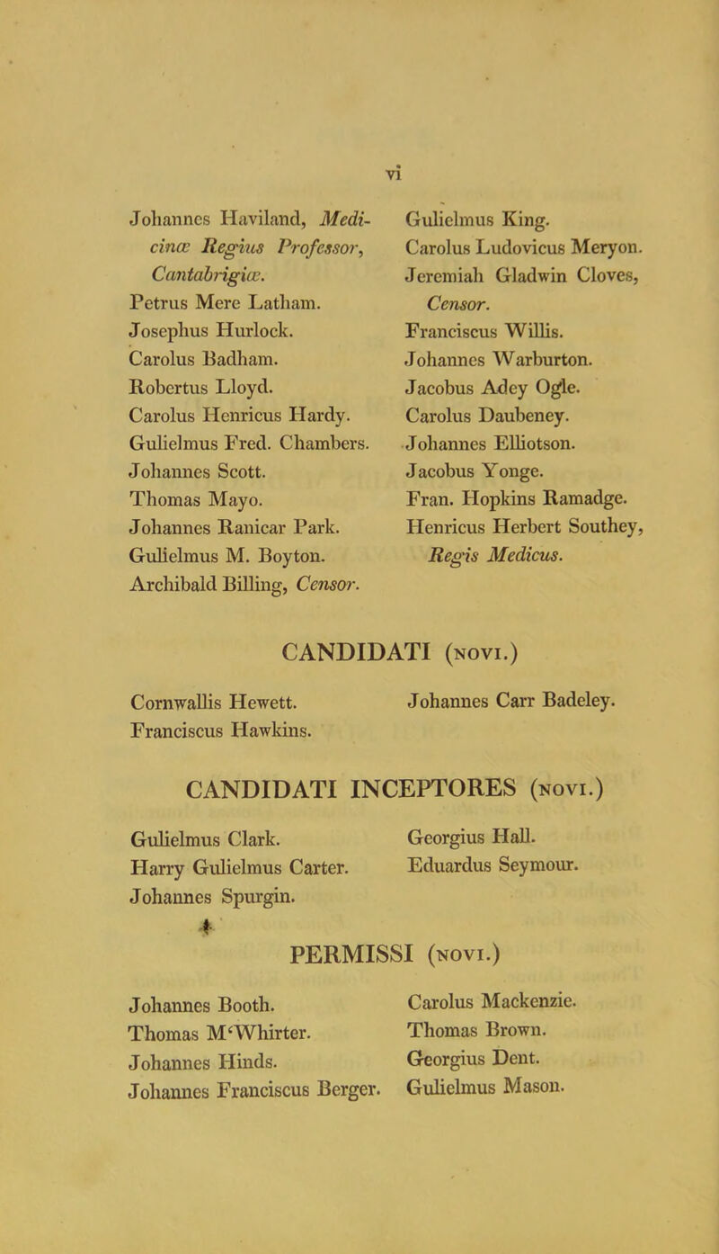 Johannes Havilancl, Medi- cinal Regius Professor, Caniabrigice. Petrus Mere Latham. Josephus Ilurlock. Carolus Badham. Robcrtus Lloyd. Carolus Henricus Hardy. Gulielmus Fred. Chambers. Johannes Scott. Thomas Mayo. Johannes Ranicar Park. Gulielmus M. Boyton. Archibald Billing, Censor. Gulielmus King. Carolus Ludovicus Meryon. Jeremiah Gladwin Cloves, Censor. Franciscus Willis. J ohannes W arburton. Jacobus Adey Ogle. Carolus Daubeney. Johannes Elliotson. Jacobus Yonge. Fran. Hopkins Ramadge. Henricus Herbert Southey, Regis Medicus. CANDID ATI (novi.) Cornwallis Hewett. Johannes Carr Badeley. Franciscus Hawkins. CANDIDATI INCEPTORES (novi.) Gulielmus Clark. Georgius Hall. Harry Gulielmus Carter. Eduardus Seymour. Johannes Spurgin. 4 PERMISSI (novi.) Johannes Booth. Carolus Mackenzie. Thomas M‘Whirter. Thomas Brown. Johannes Hinds. Georgius Dent. Johannes Franciscus Berger. Gulielmus Mason.