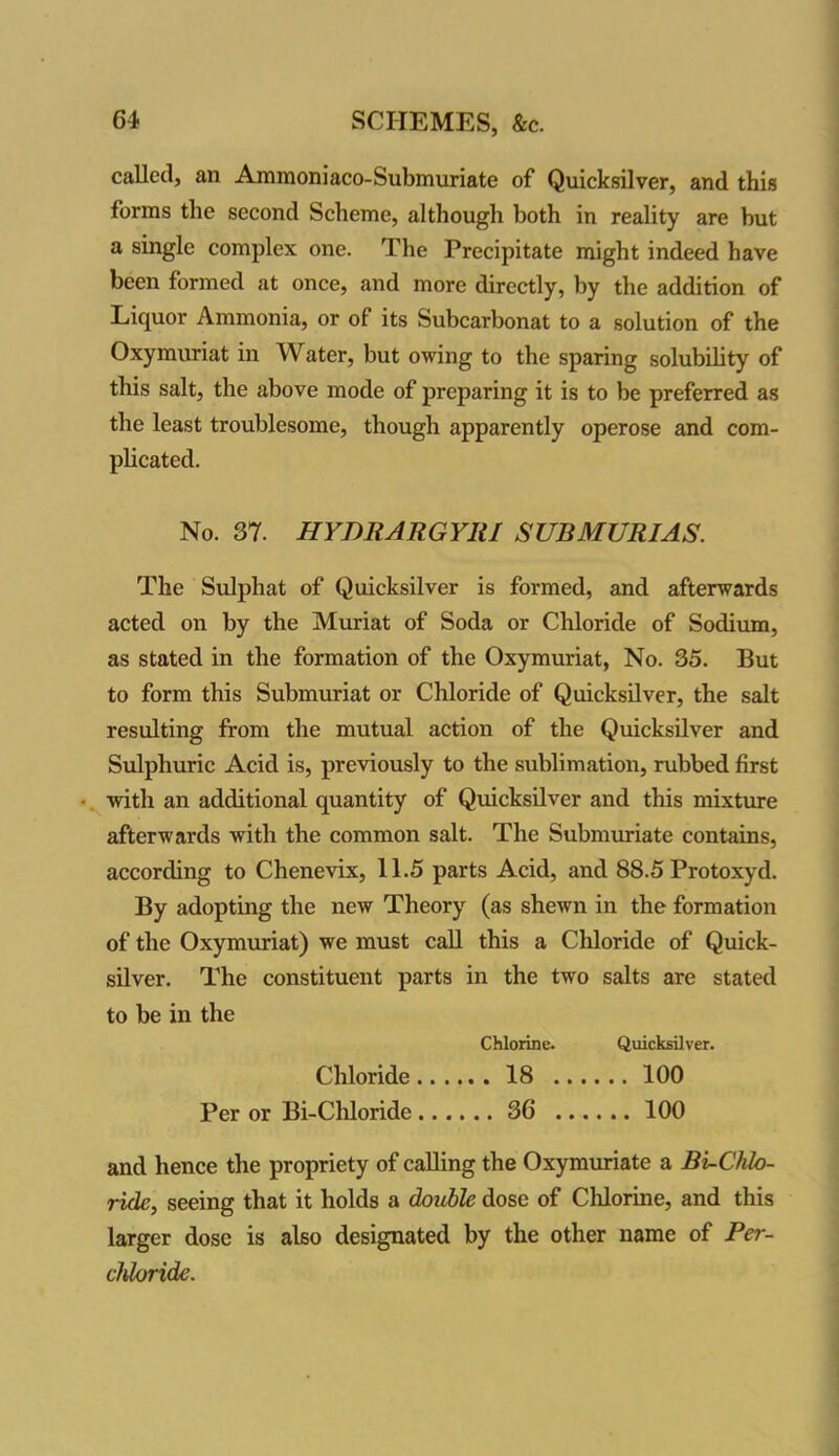 called, an Ammoniaco-Submuriate of Quicksilver, and this forms the second Scheme, although both in reality are but a single complex one. The Precipitate might indeed have been formed at once, and more directly, by the addition of Liquor Ammonia, or of its Subcarbonat to a solution of the Oxymuriat in Water, but owing to the sparing solubility of this salt, the above mode of preparing it is to be preferred as the least troublesome, though apparently operose and com- plicated. No. 37. HYDRARGYRI SUBMURIAS. The Sulphat of Quicksilver is formed, and afterwards acted on by the Muriat of Soda or Chloride of Sodium, as stated in the formation of the Oxymuriat, No. 35. But to form this Submuriat or Chloride of Quicksilver, the salt resulting from the mutual action of the Quicksilver and Sulphuric Acid is, previously to the sublimation, rubbed first with an additional quantity of Quicksilver and this mixture afterwards with the common salt. The Submuriate contains, according to Chenevix, 11.5 parts Acid, and 88.5 Protoxyd. By adopting the new Theory (as shewn in the formation of the Oxymuriat) we must call this a Cliloride of Quick- silver. The constituent parts in the two salts are stated to be in the Chlorine. Quicksilver. Chloride 18 100 Per or Bi-Chloride 36 100 and hence the propriety of calling the Oxymuriate a BuChlo- ride, seeing that it holds a double dose of Chlorine, and this larger dose is also designated by the other name of Per- chloride.