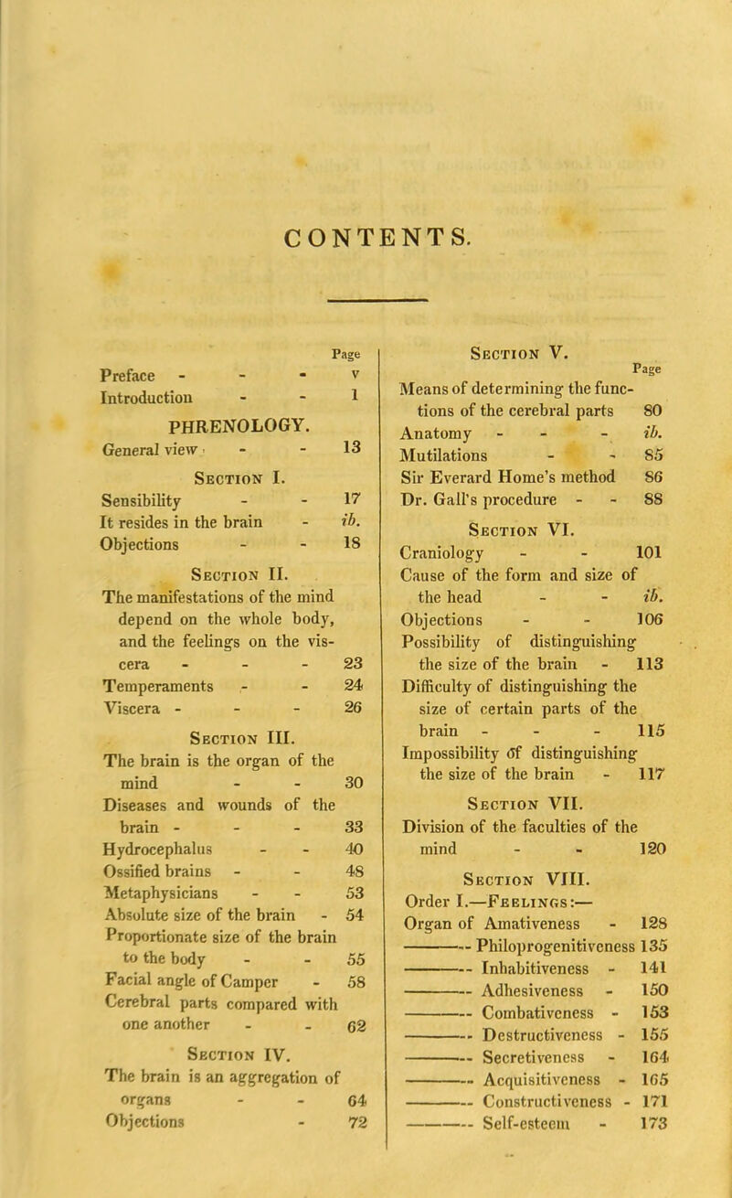 CONTENTS. Page Preface - - - v Introduction - - 1 PHRENOLOGY. General view > - 13 Section I. Sensibility - - 17 It resides in the brain - ib. Objections - - 18 Section II. The manifestations of the mind depend on the whole body, and the feeling’s on the vis- cera - - 23 Temperaments - - 24 Viscera 26 Section III. The brain is the organ of the mind - 30 Diseases and wounds of the brain 33 Hydrocephalus 40 Ossified brains 4S Metaphysicians - - 53 Absolute size of the brain - 54 Proportionate size of the brain to the body - 55 Facial angle of Camper - 58 Cerebral parts compared with one another - - 62 Section IV. The brain is an aggregation of organs - - 64 Objections - 72 Section V. Page Means of determining the func- tions of the cerebral parts SO Anatomy - ib. Mutilations S5 Sir Everard Home’s method S6 Dr. Gall’s procedure - 88 Section VI. Craniology 101 Cause of the form and size of the head - - ib. Objections - - 106 Possibility of distinguishing the size of the brain - 113 Difficulty of distinguishing the size of certain parts of the brain - - 115 Impossibility <Jf distinguishing the size of the brain - 117 Section VII. Division of the faculties of the mind - - 120 Section VIII. Order I.—Feelings:— Organ of Amativeness - 128 Philoprogenitivcness 135 Inhabitiveness - 141 Adhesiveness - 150 Combativeness - 153 Destructiveness - 155 — Secretiveness - 164 Acquisitiveness - 165 Constructiveness - 171 Self-esteem - 173