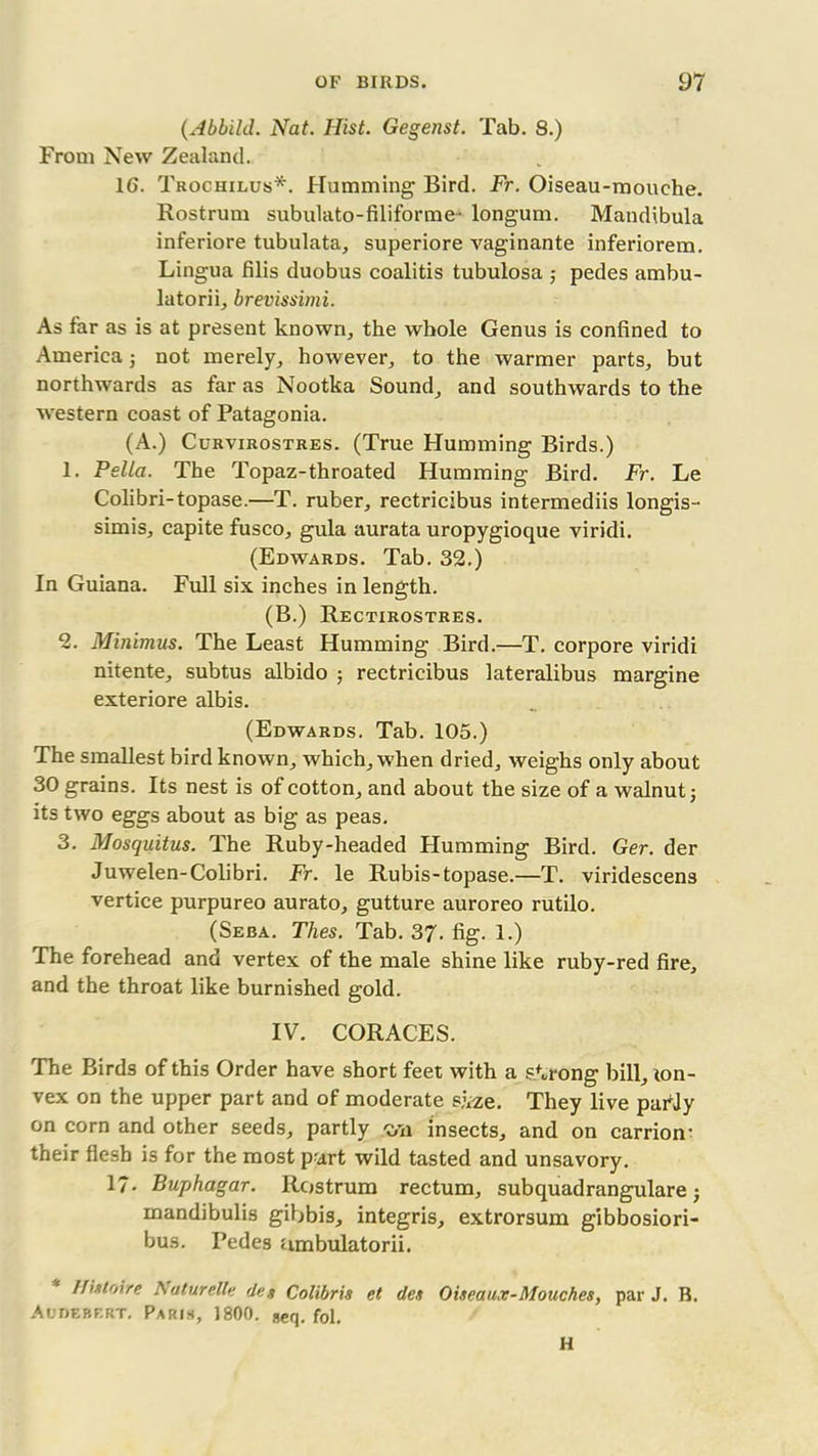 (Abbild. Nat. Hist. Gegenst. Tab. 8.) From New Zealand. 16. Trochilus*. Humming Bird. Fr. Oiseau-mouehe. Rostrum subulato-filiforme- longum. Mandibula inferiore tubulata, superiore vaginante inferiorem. Lingua filis duobus coalitis tubulosa pedes ambu- latorii, brevissimi. As far as is at present known, the whole Genus is confined to America not merely, however, to the warmer parts, but northwards as far as Nootka Sound, and southwards to the western coast of Patagonia. (A.) Curvirostres. (True Humming Birds.) 1. Pella. The Topaz-throated Humming Bird. Fr. Le Colibri-topase.—T. ruber, rectricibus intermediis longis- simis, capite fusco, gula aurata uropygioque viridi. (Edwards. Tab. 32.) In Guiana. Full six inches in length. (B.) Rectirostres. 2. Minimus. The Least Humming Bird.—T. corpore viridi nitente, subtus albido ; rectricibus lateralibus margine exteriore albis. (Edwards. Tab. 105.) The smallest bird known, which, when dried, weighs only about 30 grains. Its nest is of cotton, and about the size of a walnut; its two eggs about as big as peas. 3. Mosquitus. The Ruby-headed Humming Bird. Ger. der Juwelen-Colibri. Fr. le Rubis-topase.—T. viridescens vertice purpureo aurato, gutture auroreo rutilo. (Seba. Thes. Tab. 37. fig. 1.) The forehead and vertex of the male shine like ruby-red fire, and the throat like burnished gold. IV. CORACES. The Birds of this Order have short feet with a strong bill, ton- vex on the upper part and of moderate size. They live parJy on corn and other seeds, partly zm insects, and on carrion' their flesh is for the most part wild tasted and unsavory. 17- Buphagar. Rostrum rectum, subquadrangulare; mandibulis gibbis, integris, extrorsum gibbosiori- bus. Pedes umbulatorii. Uutoire A utureUe den Colibris et des Oineaux-Mouches, par J. B. Audebf.rt. Paris, 1800. seq. fol. H