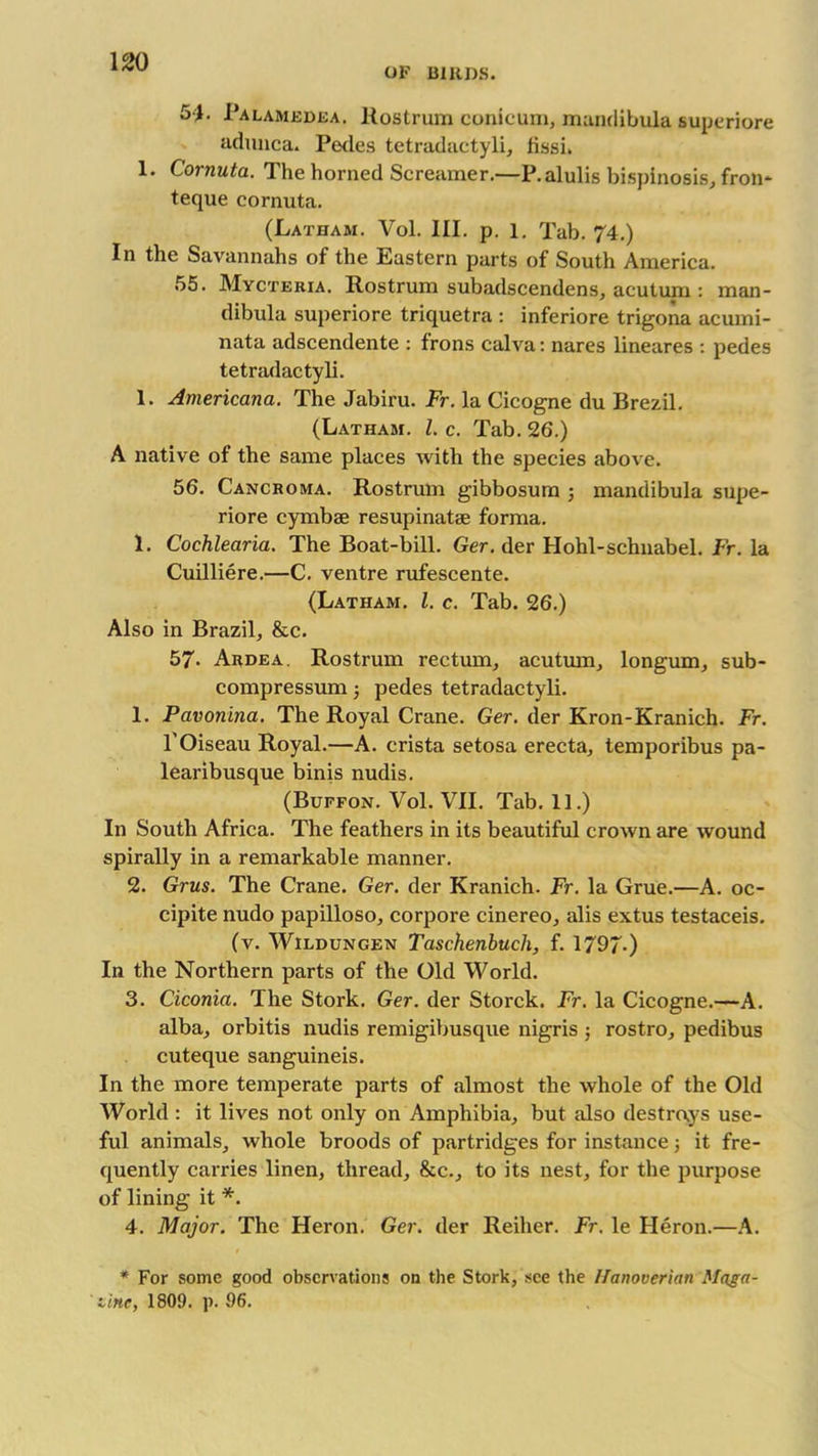 OF BIRDS. 5>. Palamedea. Rostrum conicum, mandibula superiore adunca. Pedes tetradactyli, fissi. 1* Cornuta. The horned Screamer.—P. alulis bispinoeis, fron* teque cornuta. (Latham. Vol. III. p. 1. Tab. 74.) In the Savannahs of the Eastern parts of South America. 55. Mycteria. Rostrum subadscendens, acutum : man- dibula superiore triquetra : inferiore trigona acumi- nata adscendente : frons calva: nares lineares : pedes tetradactyli. 1. Americana. The Jabiru. Fr. la Cicogne du Brezil. (Latham. 1. c. Tab. 26.) A native of the same places with the species above. 56. Cancroma. Rostrum gibbosum ; mandibula supe- riore cymbse resupinatse forma. 1. Cochlearia. The Boat-bill. Ger. der Hohl-schnabel. Fr. la Cuilliere.—C. ventre rufescente. (Latham. 1. c. Tab. 26.) Also in Brazil, &c. 57- Ardea. Rostrum rectum, acutum, longum, sub- compressum ; pedes tetradactyli. 1. Pavonina. The Royal Crane. Ger. der Kron-Kranich. Fr. l'Oiseau Royal.—A. crista setosa erecta, temporibus pa- learibusque binis nudis. (Buffon. Vol. VII. Tab. 11.) In South Africa. The feathers in its beautiful crown are wound spirally in a remarkable manner. 2. Grus. The Crane. Ger. der Kranich. Fr. la Grue.—A. oc- cipite nudo papilloso, corpore cinereo, alis extus testaceis. (v. Wildungen Taschenbuch, f. 1797-) In the Northern parts of the Old World. 3. Ciconia. The Stork. Ger. der Storck. Fr. la Cicogne.—A. alba, orbitis nudis remigibusque nigris 5 rostro, pedibus cuteque sanguineis. In the more temperate parts of almost the whole of the Old World : it lives not only on Amphibia, but also destroys use- ful animals, whole broods of partridges for instance j it fre- quently carries linen, thread, &c., to its nest, for the purpose of lining it *. 4. Major. The Heron. Ger. der Reiher. Fr. le Heron.—A. * For some good observations on the Stork, see the Hanoverian Maga- zine, 1809. ]). 96.