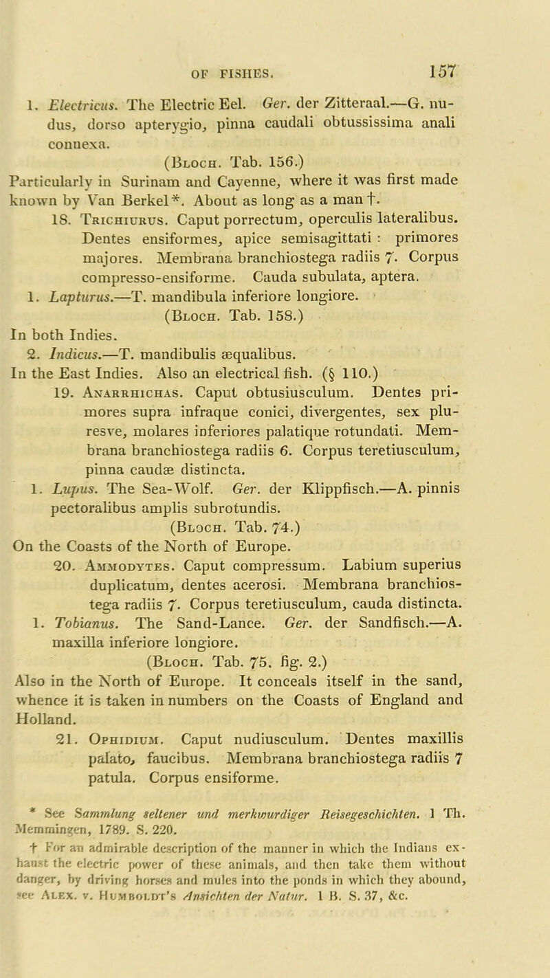 1. Electricus. The Electric Eel. Ger. der Zitteraal.—G. nu- dus, dorso apterygio, pinna caudali obtussissima anali connexa. (Bloch. Tab. 156.) Particularly in Surinam and Cayenne, where it was first made known by Van Berkel*. About as long as a manf. IS. Trichiurus. Caput porrectum, operculis lateralibus. Dentes ensiformes, apice semisagittati : primores majores. Membrana branchiostega radiis 7- Corpus compresso-ensiforme. Cauda subulata, aptera. 1. Lapturus.—T. mandibula inferiore longiore. (Bloch. Tab. 15S.) In both Indies. 2. Indicus.—T. mandibulis aequalibus. In the East Indies. Also an electrical fish. (§110.) 19. Anarrhichas. Caput obtusiusculum. Dentes pri- mores supra infraque conici, divergentes, sex plu- resve, molares inferiores palatique rotundali. Mem- brana branchiostega radiis 6. Corpus teretiusculum, pinna caudae distincta. 1. Lupus. The Sea-Wolf. Ger. der Klippfisch.—A. pinnis pectoralibus amplis subrotundis. (Bloch. Tab. 74.) On the Coasts of the North of Europe. 20. Ammodytes. Caput compressum. Labium superius duplicatum, dentes acerosi. Membrana branchios- tega radiis 7- Corpus teretiusculum, cauda distincta. 1. Tobianus. The Sand-Lance. Ger. der Sandfisch.—A. maxilla inferiore longiore. (Bloch. Tab. 75. fig. 2.) Also in the North of Europe. It conceals itself in the sand, whence it is taken in numbers on the Coasts of England and Holland. 21. Ophidium. Caput nudiusculum. Dentes maxillis paiato, faucibus. Membrana branchiostega radiis 7 patula. Corpus ensiforme. * See Sammlung seltener und merkmirdiger ReisegescMchten. 1 Th. Memmingen, 1789. S. 220. + For an admirable description of the manner in which the Indians ex- haust the electric power of these animals, and then take them without danger, by driving horses and mules into the ponds in which they abound, see Alex. v. Humboldt’s Amichten der Natur. 1 B. S. 37, &c.