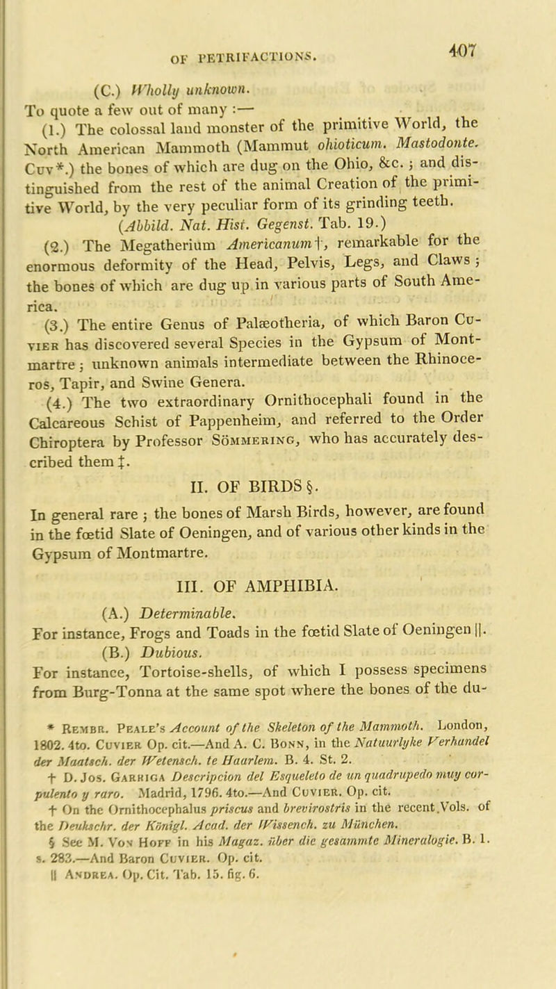 (C.) Whollxj unknown. To quote a few out of many :— (I.) The colossal land monster of the primitive World, the North American Mammoth (Mammut ohioticum. Mastodonte. Cuv* * * §.) the bones of which are dug on the Ohio, &c. j and dis- tinguished from the rest of the animal Creation of the primi- tive World, by the very peculiar form of its grinding teeth. (Abbild. Nat. Hist. Gegenst. Tab. 19.) (2.) The Megatherium Americanum 1, remarkable for the enormous deformity of the Head, Pelvis, Legs, and Claws ; the bones of which are dug up in various parts of South Ame- rica. (3.) The entire Genus of Palseotheria, of which Baron Cu- vier has discovered several Species in the Gypsum of Mont- martre ; unknown animals intermediate between the Rhinoce- ros, Tapir, and Swine Genera. (4.) The two extraordinary Ornithocephali found in the Calcareous Schist of Pappenheim, and referred to the Order Chiroptera by Professor Sommering, who has accurately des- cribed them X- II. OF BIRDS §. In general rare j the bones of Marsh Birds, however, are found in the foetid Slate of Oeningen, and of various other kinds in the Gypsum of Montmartre. III. OF AMPHIBIA. (A.) Determinable. For instance, Frogs and Toads in the foetid Slate oi Oeningen ||. (B.) Dubious. For instance, Tortoise-shells, of which I possess specimens from Burg-Tonna at the same spot where the bones of the du- * Rembr. Peale’s Account of the Skeleton of the Mammoth. London, 1802. 4to. Cuvier Op. cit.—And A. C. Bonn, in the Natuurlyke Verhandel der Maatsch. der IVetensch. te Haarlem. B. 4. St. 2. f D. Jos. Garkiga Descripcion del Esqueleto de un quadrupedo muy cor- pulent o y raro. Madrid, 1796. 4to.—And Cuvier. Op. cit. f On the Ornithocephalus priscus and brevirostris in the recent .Vols. of the Deuktchr. der Kdnigl. Acad, der IFissench. zu Mtine hen. § See M. Von Hoff in his Magaz. uber die gesammte Mineralogie. B. 1. s. 283.—And Baron Cuvier. Op. cit. i| Andrea. Op. Cit. Tab. 15. fig. 6.