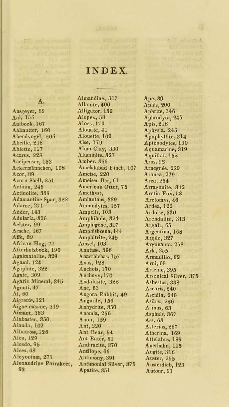 INDEX A. Aasgeyer, 89 Aal, 156 Aalbock, 167 Aalmutter, 160 Abendvogel, 206 Abeille, 218 Ablette, 117 Acarus, 223 Accipenser, 153 Ackermanncben, 108 Acor, 89 Acorn Shell, 251 Actinia, 246 Actinolite, 339 Adamantine Spar, 322 Adarce, 271 Adder, 143 Adularia, 326 Aelster, 99 Aesche, 167 AflFe, 39 African Hog, 71 Afterholzbock, 190 Agalmatolite, 329 Agami, 124 Agaphite, 322 Agate, 309 Agaric Mineral, 345 Agouti, 47 Ai, 60 Aigrette, 121 Aigne marine, 319 Aimant, 383 Alabaster, 350 Alauda, 102 Albatross, 126 Alca, 129 Alcedo, 95 Alces, 68 Alcyonium, 271 Alexandrine Parrakeet, 93 Almandine, 317 Allanite, 400 Alligator, 139 Alopex, 58 Aloes, 170 Alouate, 41 Alouette, 102 Alse, 170 Alum Clay, 330 Aluminite, 327 Amber, 366 Amehdabad Finch, 107 Ameise, 220 Ameisen Bar, 61 American Otter, 75 Amethyst, Amianthus, 339 Ammodytes, 157 Ampelis, 103 Amphibole, 324 Amphigene, 317 Amphisbcena, 144 Amphitrite, 245 Amsel, 103 Anatase, 398 Anarrhichas, 157 Anas, 128 Anchois, 170 Anchovy, 170 Andalusite, 322 Ane, 63 Angora Rabbit, 49 Anguille, 156 Anhydrite, 350 Anomia, 256 Anon, 159 Ant, 220 Ant Bear, 54 Ant Eater, 61 Anthracite, 370 Antilope, 66 Antimony, 391 Antimonial Silver, 375 Apatite, 351 Ape, 39 Aphis, 200 Aphrite, 346 Aphrodyta, 245 Apis, 218 Aphysia, 245 Apophyllite, 314 Aptenodytes, 130 Aquamarine, 319 Aquillat, 152 Aras, 93 Araegnde, 229 Aranea, 229 Area, 254 Arragonite, 342 Arctic Fox, 58 Arctomys, 46 Ardea, 122 Ardoise, 330 AreDdalite, 313 Argali, 65 Argentina, 168 Argile, 327 Argonauta, 258 Ark,255 Armadillo, 62 Arni, 68 Arsenic, 395 Arsenical Silver, 375 Asbestus, 338 Ascaris, 240 Ascidia, 246 Asilus, 226 Asinus, 63 Asphalt, 367 Ass, 63 Asterias, 267 Atherina, 169 Attelabus, 189 Auerhahn, 115 Augite, 316 Auster, 255 Austerdieb, 123 Autour, 91