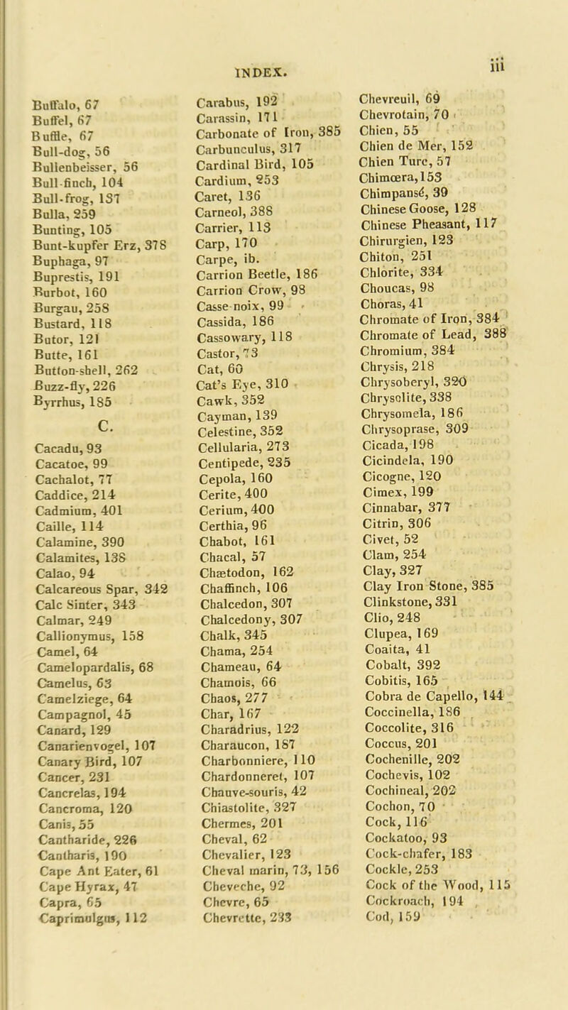 Buffalo, 67 Buffel, 67 Buffle, 67 Bull-dog, 56 Bullenbeisser, 56 Bull-finch, 104 Bull-frog, 1ST Bulla, 259 Bunting, 105 Bunt-kupfer Erz, 378 Buphaga, 97 Buprestis, 191 Burbot, 160 Burgau, 258 Bustard, 118 Butor, 121 Butte, 161 Button-shell, 262 Buzz-fly, 226 Byrrhus, 185 c. Cacadu, 93 Cacatoe, 99 Cachalot, 77 Caddice, 214 Cadmium, 401 Caille, 114 Calamine, 390 Calamites, 138 Calao, 94 Calcareous Spar, 342 Calc Sinter, 343 Calmar, 249 Callionymus, 158 Camel, 64 Camelopardalis, 68 Camel us, 63 Camelziege, 64 Campagnol, 45 Canard, 129 Canarienvogel, 107 Canary Bird, 107 Cancer, 231 Cancrelas, 194 Cancroma, 120 Canis, 55 Cantharide, 226 Cantharis, 190 Cape Ant Eater, 61 Cape Hyrax, 47 Capra, 65 Caprimuigus, 112 Carabus, 192 Carassin, 171 Carbonate of Iron, 385 Carbunculus, 317 Cardinal Bird, 105 Cardium, 253 Caret, 1.36 Carneol, 388 Carrier, 113 Carp, 170 Carpe, ib. Carrion Beetle, 186 Carrion Crow, 98 Casse noix, 99 Cassida, 186 Cassowary, 118 Castor, 7 3 Cat, 60 Cat’s Eye, 310 Cawk, 352 Cayman, 139 Celestine, 352 Cellularia, 273 Centipede, 235 Cepola, 160 Cerite, 400 Cerium, 400 Certhia, 96 Chabot, 161 Chacal, 57 Chastodon, 162 Chaffinch, 106 Chalcedon, 307 Chalcedony, 307 Chalk, 345 Chama, 254 Chameau, 64 Chamois, 66 Chaos, 277 Char, 167 Charadrius, 122 Charaucon, 187 Charbonniere, 110 Chardonnerel, 107 Chauve-souris, 42 Chiastolite, 327 Chermes, 201 Cheval, 62 Chevalier, 123 Cheval marin, 73, 156 Cheveche, 92 Chcvre, 65 Chevrettc, 233 Chevreuil, 69 Chevrotain, 70 Chien, 55 Cliien de Mer, 152 Chien Ture, 57 Chimcera,15S Chirapansd, 39 Chinese Goose, 128 Chinese Pheasant, 117 Chirurgien, 123 Chiton, 251 Chlorite, 334 Choucas, 98 Choras, 41 Chromate of Iron, 384 Chromate of Lead, 388 Chromium, 384 Chrysis, 218 Chrysoberyl, 320 Chrysolite, 338 Chrysomela, 186 Chrysoprase, 309 Cicada, 198 Cicindela, 190 Cicogne, 120 Cimex,199 Cinnabar, 377 Citrin, 306 Civet, 52 Clam, 254 Clay, 327 Clay Iron Stone, 385 Clinkstone, 331 Clio, 248 Clupea, 169 Coaita, 41 Cobalt, 392 Cobitis, 165 Cobra de Capello, 144 Coccinella, 186 Coccolite, 316 Coccus, 201 Cochenille, 202 Cochevis, 102 Cochineal, 202 Cochon, 70 Cock,116 Cockatoo, 93 Cock-chafer, 183 Cockle, 253 Cock of the Wood, 115 Cockroach, 194 Cod,159