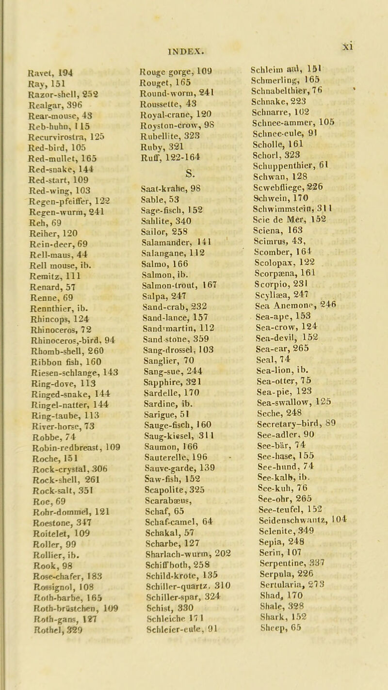 Ravel, 194 Ray, 151 Razor-shell, 252 Realgar, 396 Rear-mouse, 43 Reb-huhD, 115 Recurvirostra, 125 Red-bird, 105 Red-mullet, 165 Red-snake, 144 Red-start, 109 Red-wing, 103 Regen-pfeiffer, 122 Regen-wurm, 241 Reh, 69 Reiher, 120 Rein-deer, 69 Rell-maus, 44 Rell mouse, ib. Remitz, 111 Renard, 57 Renne, 69 Rennthier, ib. Rhincops, 124 Rhinoceros, 72 Rhinoceros,-bird, 94 Rhomb-shell, 260 Ribbon fish, 160 Riesen-schlange, 143 Ring-dove, 113 Ringed-snake, 144 Ringel-natter, 144 Ring-taube, 113 River-horse, 73 Robbe, 74 Robin-redbreast, 109 Roche, 151 Rock-crystal, 306 Rock-shell, 261 Rock-salt, 351 Roe, 69 Rohr-dommel, 121 Roestone, 347 Roitelet, 109 Roller, 99 Rollier, ib. Rook, 98 Rose-chafer, 183 Rossignol, 108 Roth-barbe, 165 Roth-bri3tchen, 109 Rolh-gans, 127 Rothel, 329 Rouge gorge, 109 Rouget, 165 Round-worm, 241 Roussette, 43 Royal-crane, 120 Royston-crow, 9S Rubellite, 323 Ruby, 321 Ruff, 122-164 S. Saat-krahe, 98 Sable, 53 Sage-fisch, 152 Sahlite, 340 Sailor, 258 Salamander, 141 Salangane, 112 Salmo, 166 Salmon, ib. Salmon-trout, 167 Salpa, 247 Sand-crab, 232 Sand-lance, 157 Sand-martin, 112 Sand stone, 359 Sang-drossel, 103 Sanglier, 70 Sang-sue, 244 Sapphire, 321 Sardelle, 170 Sardine, ib. Sarigue, 51 Sauge-fisch, 160 Saug-kiesel, 311 Saumon, 166 Sauterelle, 196 Sauve-garde, 139 Saw-fish, 152 Scapolite, 325 Scarabmus, Schaf, 65 Scbaf-camel, 64 Schakal, 57 Scharbe, 127 Sharlach-wurm, 202 Schiff both, 258 Schild-krote, 135 Schiller-quartz. 310 Schiller-spar, 324 Schist, 330 Schlciche 17 1 Schlcicr-eule, 91 Sehleim aal, 151 Schmerling, 165 Schnabelthier, 76 Schnake, 223 Scbnarre, 102 Schnee-ammer, 105 Schnee-eule, 91 Scholle, 161 Schorl, 323 Schuppenthier, 61 Schwan, 128 Scwebfliege, 226 Schwein, 170 Schwimmstein, 31 1 Scie de Mer, 152 Sciena, 163 Scimrus, 43, Scomber, 164 Scolopax, 122 Scorpsena, 161 Scorpio, 231 Scyllaea, 247 Sea Anemone, 246 Sea-ape, 153 Sea-crow, 124 Sea-devil, 152 Sea-ear, 265 Seal, 74 Sea-lion, ib. Sea-otter, 7 5 Sea-pie, 123 Sea-swallow, 125 Seche, 248 Secretary-bird, 89 See-adlcr, 90 See-bar, 74 See-hase, 155 See-hund, 74 See-kalb, ib. See-kuh, 76 See-ohr, 265 See-teufel, 152 Seidenschwantz, 104 Selenite, 349 Sepia, 248 Serin, 107 Serpentine, 337 Serpnla, 226 Sertularia, 27 3 Shad, 170 Shale, 328 Shark, 152 Sheep, 65