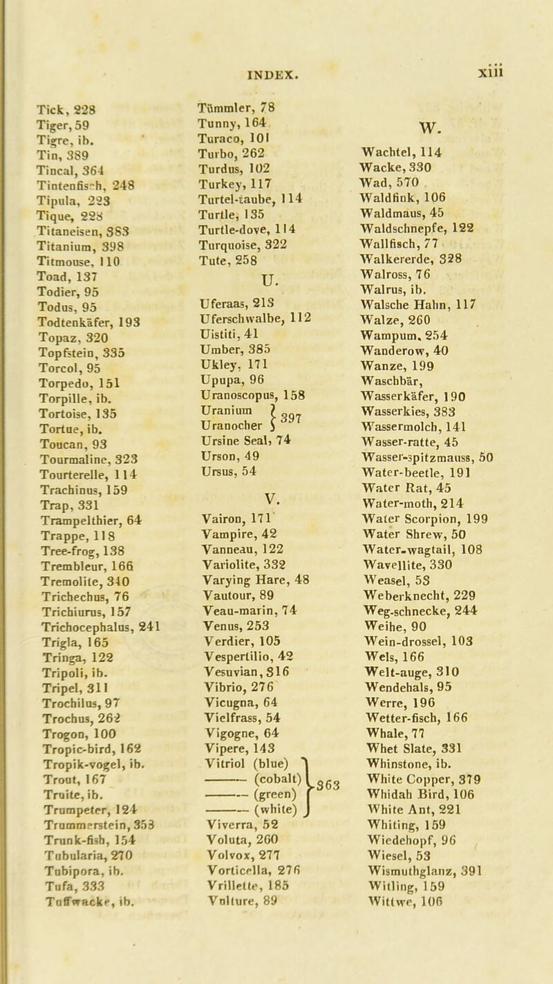 Tick, 228 Tiger, 59 TOmmler, 78 Tunny,164 w. Tigre, ib. Tin, 389 Turaco, 101 Turbo, 262 Wachtel, 114 Tincal, 364 Turd us, 102 Wacke, 330 Tintenfis~h, 248 Turkey, 117 Wad, 570 Tipula, 223 Turtel-taube, 114 Waldfink, 106 Tique, 228 Turtle, 135 Waldmaus, 45 Titaneisen, S83 Turtle-dove, 114 Waldschnepfe, 122 Titanium, 398 Turquoise, 322 Wallfisch, 77 Titmouse. 110 Tute, 258 Walkererde, 328 Toad, 137 u. Walross, 76 Todier, 95 Walrus, ib. Todus, 95 Uferaas, 213 Walsche Hahn, 117 Todtenkafer, 193 Uferschwalbe, 112 Walze, 260 Topaz, 320 Uistiti, 41 Wampum. 254 Topfstein, 335 Umber, 385 Wanderow, 40 Torcol, 95 Ukley, 171 Wanze, 199 Torpedo, 151 Upupa, 96 Waschbar, Torpille, ib. Uranoscopus, 158 Wasserkafer, 190 Tortoise, 135 Uranium ? Wasserkies, 383 Tortue, ib. Uranocher S'31 Wassermolch, 141 Toucan, 93 Ursine Seal, 74 Wasser-ratte, 45 Tourmaline, 323 Urson, 49 Wasser-spitzmauss, 50 Tourterelle, 114 Ursus, 54 Water-beetle, 191 Trachinus, 159 Trap, 331 V. Water Rat, 45 Water-moth, 214 Trampelthier, 64 Vairon, 171 Water Scorpion, 199 Trappe, 118 Vampire, 42 Water Shrew, 50 Tree-frog, 138 Vanneau, 122 Water.wagtail, 108 Trembleur, 166 Variolite, 332 WaveRite, 330 Tremolile, 340 Varying Hare, 48 Weasel, 5S Trichechus, 76 Vautour, 89 Weberknecht, 229 Trichiurus, 157 Veau-marin, 74 Weg-schnecke, 244 Trichocephalus, 241 Venus, 253 Weihe, 90 Trigla, 165 Verdier, 105 Wein-drossel, 103 Tringa, 122 Vesperlilio, 42 Weis, 166 Tripoli, ib. Vesuvian, S16 Welt-auge, 310 Tripel, 311 Vibrio, 276 Wendehals, 95 Trochilus, 97 Vicugna, 64 Werrc, 196 Trochu3, 262 Vielfrass, 54 Wetter-fisch, 166 Trogon, 100 Vigogne, 64 Whale, 77 Tropic-bird, 162 Vipere, 143 Whet Slate, 331 Tropik-vogel, ib. Vitriol (blue) Whinstone, ib. Trout, 167 (cobalt) 363 White Copper, 379 Truite, ib. Trumpeter, 124 (green) (white) Whidah Bird, 106 White Ant, 221 Trummerstein, 353 Trunk-fish, 154 Viverra, 52 Whiting, 159 Voluta, 260 Wiedehopf, 96 Tubularia, 270 Volvox, 277 Wiesel, 53 Tnbipora, ib. Vorticella, 276 Wismuthglanz, 391 Tufa, 333 Vrillette, 185 Witling, 159 Tuffwacke, ib. Vulture, 89 Wittwe, 106