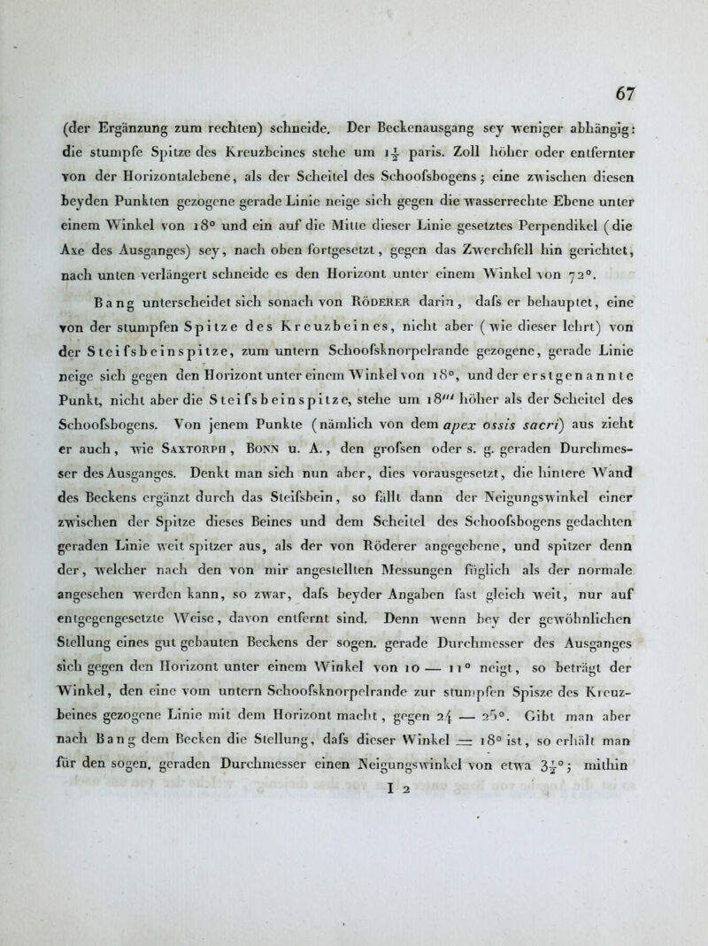 (der Erganzung zum rechlen) schneide. Der Beckenausgang soy weniger abhangig: die stumpfe Spitze des Kreuzbeines stclie um ii paris. Zoll holier oder entfernier von der Horizonialebene, als der Scheilel des Schoofsbogens; eine zvvisclien diesen beyden Punkten gczogene gerade Linie neige sirh gegen die wasserrechte Ebene unter einem Winkel von 180 und ein auf die Mine dieser Linie geseiztes Perpendikel (die Axe des Ausganges) sey, nacli oben fortgesetzt, gegen das Zwerchfell bin gcrichtet, nach union verliingert schneide es den Horizoni unter einem Winkel von 720. Bang unterscheidet sich sonach von Roderer darin, dafs er behauptet, eine von der stumpfen Spitze des Kreuzbeines, nicht aber (wie dieser lehrt) von der S tci fsb ein spitze, zum untern Schoofsknorpelrande gezogene, gerade Linie neige sich gegen den Horizont unter einem Win!el von 180, und der erstgenannte Punkt, nicht aber die Steifsbeinspitze, stehe um 18' holier als der Scheitcl des Schoofsbogens. Von jenem Punkte (namlich von dem apex ossis sacri) aus zieht er auch, wie Saxtorph , Bonn u. A., den grofsen oder s. g. geraden Durchmes- ser des Ausganges. Denkt man sich nun aber, dies vorausgesetzt, die liiniere Wand des Beckens ergiinzt durch das Sleifsbein, so fallt dann der Neigungsvrinkel eincr zwischen der Spitze dieses Beines und dem Scheilel des Schoofsbogens gedachten geraden Linie weit spitzer aus, als der von Roderer angegebene, und spitzer denn der, welcher nach den von mir angestellien Messungen fiiglich als der normale angesehen werdcn kann, so zwar, dafs beyder Angaben fast gleich weit, nur auf entgegengesetzie Weise, davon entfernt sind. Denn tvenn bey der gewohnlichen Siellung eines gut gebauten Beckens der sogen. gerade Durehmesser des Ausganges sich gegen den Horizont unter einem Winkel von 10— 110 neigt, so betrjigt der Winkel, den eine vom untern Schoofsknorpelrande zur slumpfen Spisze des Kicuz- beines gezogene Linie mit dem Horizont macht, gegen 24 — 25°. Cibt man aber nach Bang dem Becken die Siellung, dafs dieser Winkel — 180 ist, so erlialt man fiir den sogen. geraden Durehmesser einen Neigungswinkel von etwa ?>~0milhin I 2