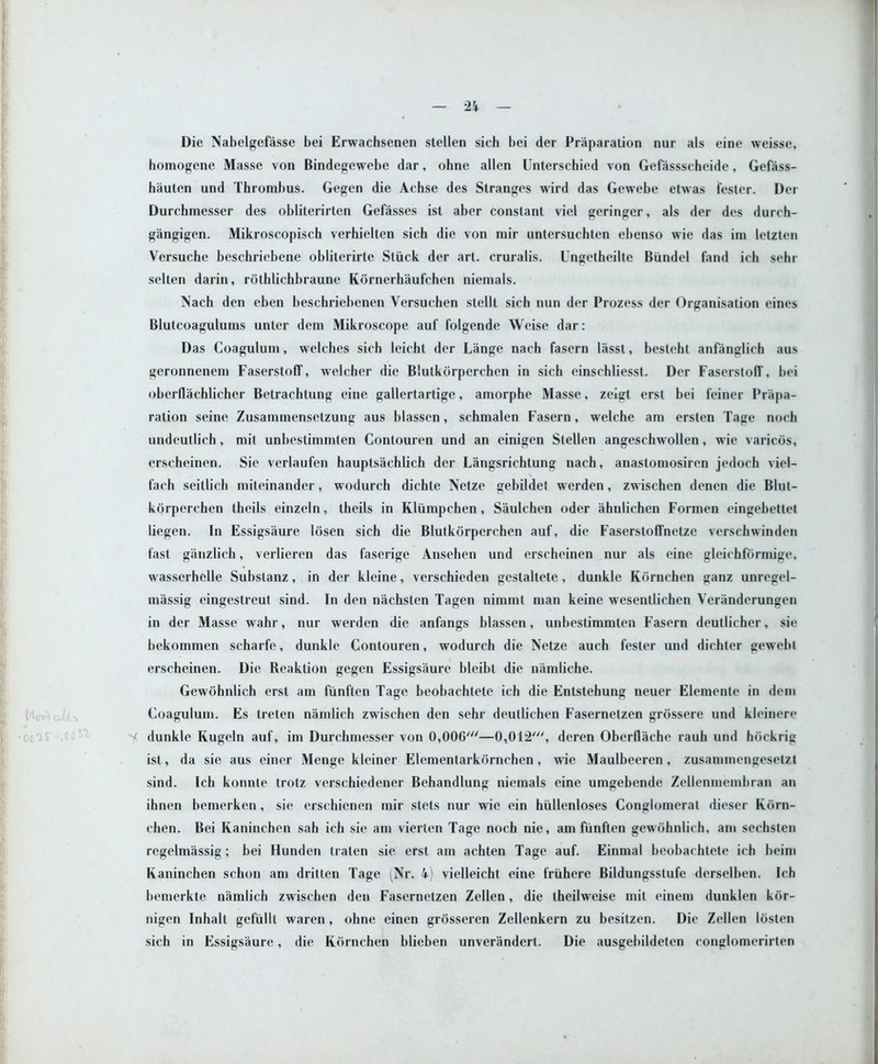 Molls OO^T'-OO^ — 24 — Die Nabelgefasse bei Erwachsenen stellen sich bei der Preparation nur als eine weisse, homogene Masse von Bindegewebe dar, ohne alien Unterschied von Gefassscheide, Gefass- hauten und Thrombus. Gegen die Achse des Stranges wird das Gewebe etwas fester. Der Durchmesser des obliterirten Gefasses ist aber constant viel geringer, als der des durch- gangigen. Mikroscopisch verhielten sich die von mir untersuchten ebenso wie das im letzten Versuche beschriebene obliterirte Stuck der art. cruralis. Ungetheilte Biindel fand ich sehr selten darin, rothlichbraune Kornerhaufchen niemals. Nach den eben beschriebenen Versuchen stellt sich nun der Prozess der Organisation eines Blutcoagulums unter dem Mikroscope auf folgende Weise dar: Das Coagulum, welches sich leicht der Lange nach fasern lasst, besteht anfanglich aus geronnenem Faserstoff, welcher die Blutkorperchen in sich einschliesst. Der FaserstolT, bei oberflachlicher Betrachtung cine gallertartige, amorphe Masse, zeigt erst bei feiner Prapa- ration seine. Zusammensetzung aus blassen, schmalen Fasern, welche am ersten Tage noch undeutlich, mit unbestimmten Contouren und an einigen Stellen angeschwollen, wie varicos, erscheinen. Sie verlaufen hauptsachlich der Langsrichtung nach, anastomosiren jedoch viel- fach seitlich miteinander, wodurch dichte Netze gebildet werden, zwischen denen die Blut- korperchen theils einzeln, thcils in Kliimpchen, Saulchen oder ahnlichen Formen eingebettet liegen. In Essigsaure losen sich die Blutkorperchen auf, die Faserstoffnetze verschwinden fast ganzlich, verlieren das faserige Ansehen und erscheinen nur als eine gleichformige, wasserhelle Substanz, in der kleine, verschieden gestaltete, dunkle Rornchen ganz unregel- massig eingestreut sind. In den nachsten Tagen nimmt man keine wesentlichen Veriinderungen in der Masse wahr, nur werden die anfangs blassen, unbestimmten Fasern deutlicher, sie bekommen scharfe, dunkle Contouren, wodurch die Netze auch fester und dichter gewebt erscheinen. Die Reaktion gegen Essigsaure blcibt die namliche. Gewdhnlich erst am funften Tage beobachtete ich die Entstehung neuer Elemente in deni Coagulum. Es treten namlich zwischen den sehr deutlichen Fasernetzen grdssere und kleinere Y dunkle Rugeln auf, im Durchmesser von 0,006'—0,012', deren Oberflache raub und hijckrig ist, da sie aus einer Menge kleiner Elementarkornchen, wie Maulbeeren, zusannnengesetzt sind. Ich konnte trotz vcrschiedener Behandlung niemals eine umgebende Zellenmembran an ihnen bemerken, sie erschienen mir stets nur wie ein hiillenloses Conglomerat dieser Rorn- ehen. Bei Raninchen sah ich sie am vierten Tage noch nie, am funften gewohnlich, am sechsten regelmassig; bei Hunden traten sie erst am achten Tage auf. Einmal beobachtete ich beim Raninchen schon am dritten Tage (Nr. 4) vielleicht eine friihere Bildungsstufe derselben. Ich bemerkte namlich zwischen den Fasernetzen Zellen, die theilwreise mit einem dunklen kiir- nigen Inhalt gefulll waren, ohne einen grosseren Zellenkern zu besitzen. Die Zellen losten sich in Essigsaure, die Rornchen blieben unverandert. Die ausgebildeten eonglomerirten