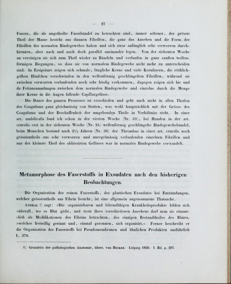 Fasern, die als ungetheilte Faserbiindel zu betrachten sind, imrner seltener, der grosste Theil der Masse besteht aus diinnen Fibrillen, die ganz das Ansehen and die Form der Fibrillen des normalen Bindegewebes haben und sich zwar anfanglich sehr verworren durch- kreuzen, aber nach und nach doch parallel aneinander legen. Yon der siebenten Wocbe an vereinigen sie sich zum Theil wieder zu Biindeln und verlaufen in ganz sanften wellen- formigen Biegungen, so dass sie von normalem Bindegewebe nicht mehr zu unterscheiden sind. In Essigsaure zeigen sich schmale, langliche Kerne und viele Kernfasern, die rothlich- gelben Haufchen verschwinden in den wellenformig gescblangelten Fibrillen, wahrcnd sie zwischen verworren verlaufenden noch sehr haufig vorkommen, dagegen zeigen sich hie und da Fettansammlungen zwischen deni normalen Bindegewebe und einzelne durch die Menge ihrer Kerne in die Augen fallende Capillargefasse. Die Dauer des ganzen Prozesses ist verschieden und geht auch nicht in alien Theilen des Coagulums ganz gleichmassig von Statten, was wohl hauptsachlich mit der Grosse des Coagulums und der Beschaffenhcit der umgebenden Theile in Verhaltniss steht. In einer art. umbilicalis fand ich schon in der vierten Woche (Nr. 33), bei Hunden in der art. cruralis erst in der siebenten Woche (Nr. 24) wellenformig geschlangelte Bindegewebebiindel, bcim Menschen bestand nach 2 V2 Jahren (Nr. 36) der Thrombus in einer art. cruralis noch grosstentheils aus sehr verworren und unregelmassig verlaufenden einzelnen Fibrillen und nur der kleinste Theil des obliterirten Gefasses war in normales Bindegewebe verwandelt. Metamorphose des Faserstoffs in Exsudaten nacJi den bisherigen Beobachtungen. Die Organisation des reinen Faserstoffs, des plastischen Exsudates bei Entziindungen, welches grosstentheils aus Fibrin besteht, ist cine allgemein angenommene Thatsache. Andral t) sagl: »Die organisirbaren und lebensfahigen Krankheitsprodukte bilden sich »iiberall, wo es Blut giebt, und trotz ihres verschiedenen Ansehens darf man sie samint- »lich als Modifikationen des Fibrins betrachten, des einzigen Bestandtheiles des Blutes, »welches freiwillig gerinnt und, einmal geronnen, sich organisirt.« Ferner beschreibt er die Organisation des Faserstoffs bei Pseudomembranen und ahnlichen Produkten ausfuhrlich I, 370. 1) Grundriss der palhologischeu Anatomie, iibers. von Becker. Leipzig 1830. I. Bd. p. 297.