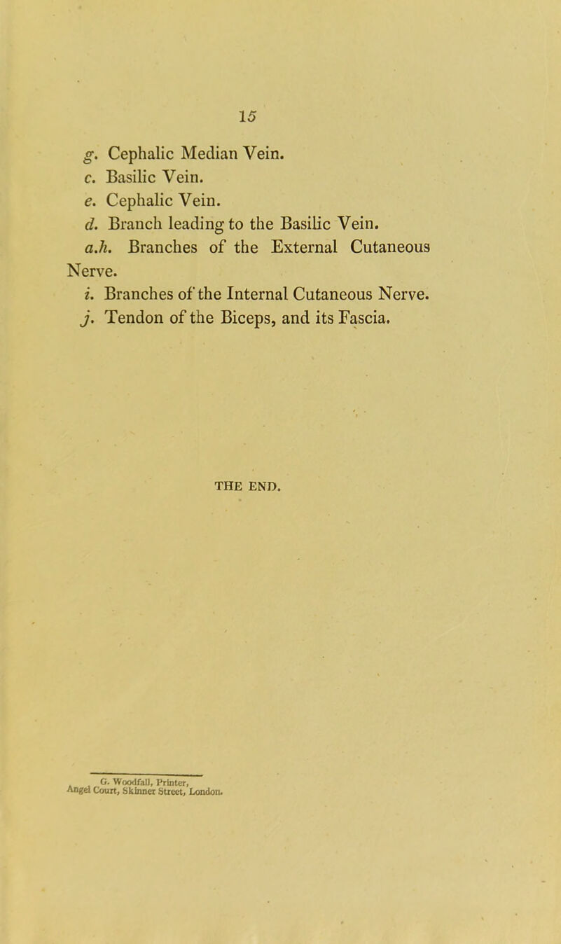 15 g. Cephalic Median Vein. c. Basilic Vein. e. Cephalic Vein. d. Branch leading to the Basilic Vein. aJi. Branches of the External Cutaneous Nerve. i. Branches of the Internal Cutaneous Nerve. j. Tendon of the Biceps, and its Fascia. THE END. G. WoodfalJ, Printer, Angel Court, Skinner Street, London.