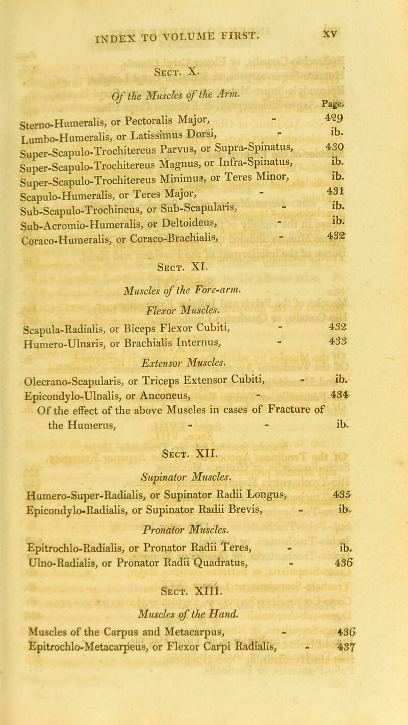 Sect. X. Of the Muscles of the Arm. J Page. Sterno-Humeralis, or Pectoralis Major, - Lumbo-Humeralis, or Latisshnus Dorsi, _ - lb- Super-Scapulo-Trochitereus Parvus, or Supra-Spmatus, 430 Super-Scapulo-Trochitereus Magnus, or Infra-Spinatus, ib. Super-Scapulo-Trochitereus Minimus, or Teres Minor, ib. Scapulo-Humeralis, or Teres Major, - 431 Sub-Scapulo-Trochineus, or Sub-Scapulans, - ib. Sub-Acromio-Humeralis, or Deltoideus, - ib. Coraco-Humeralis, or Coraco-Brachialis, - 432 Sect. XI. Muscles of the Fore-arm. Flexor Muscles. Scapula-Radialis, or Biceps Flexor Cubiti, - 432 Humero-Ulnaris, or Brachialis Interims, - 433 Extensor Muscles. Olecrano-Scapularis, or Triceps Extensor Cubiti, - ib. Epicondylo-Ulnalis, or Anconeus, - 434 Of the effect of the above Muscles in cases of Fracture of the Humerus, - - ib. Sect. XII. Supinator Muscles. Humero-Super-Radialis, or Supinator Radii Longus, 435 Epicondylo-Radialis, or Supinator Radii Brevis, - ib. Pronator Muscles. Epitrochlo-Radialis, or Pronator Radii Teres, - ib. Ulno-Radialis, or Pronator Radii Quadratus, - 436 Sect. XIII. Muscles of the Hand. Muscles of the Carpus and Metacarpus, - 436 Epitrochlo-Metacarpeus, or Flexor Carpi Radialis, - 437