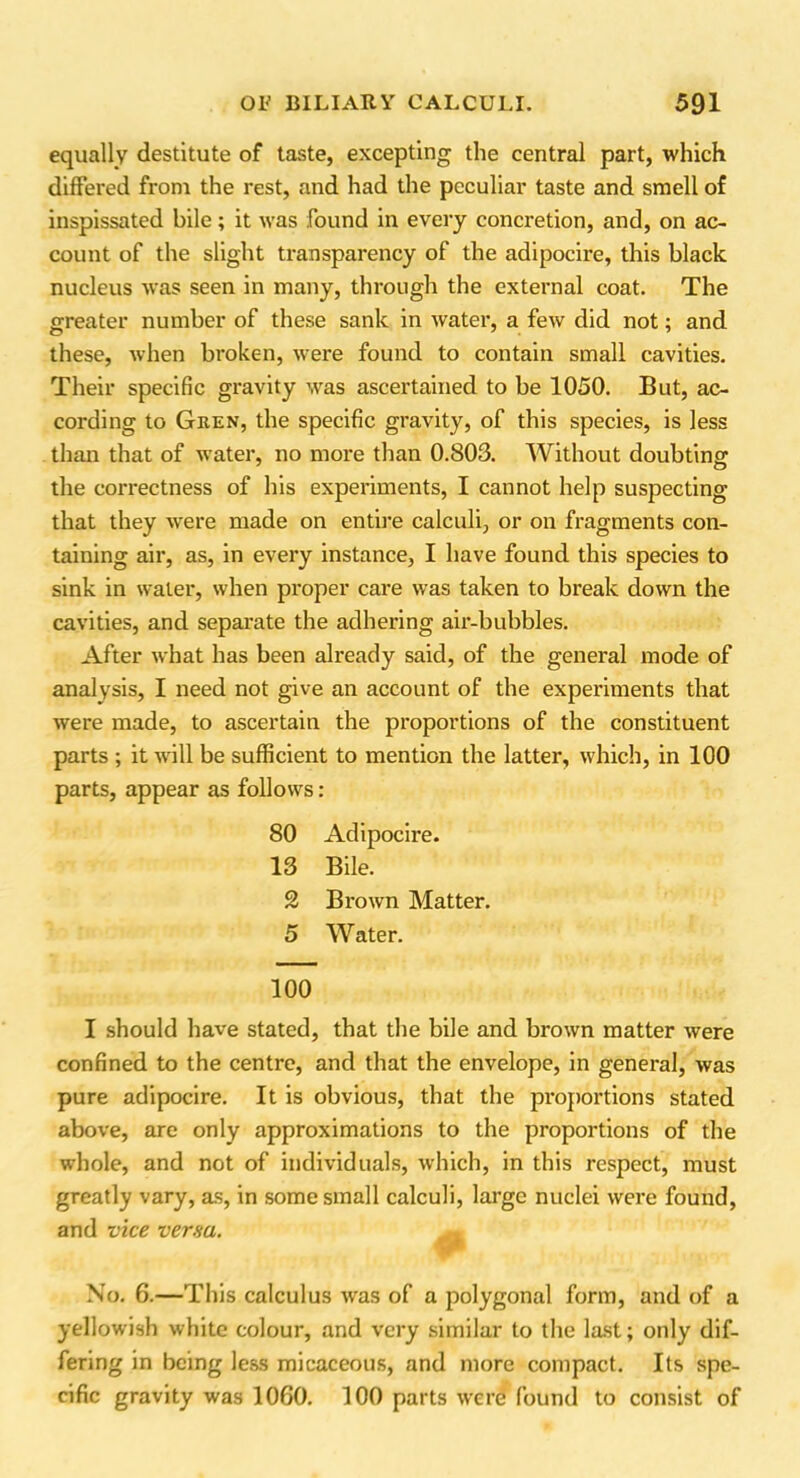 equally destitute of taste, excepting the central part, which differed from the rest, .and had the peculiar taste and smell of inspissated bile; it was found in every concretion, and, on ac- count of the slight transparency of the adipocire, this black nucleus was seen in many, through the external coat. The greater number of these sank in water, a few did not; and these, when broken, were found to contain small cavities. Their specific gravity was ascertained to be 1050. But, ac- cording to Gren, the specific gravity, of this species, is less than that of water, no more than 0.803. Without doubting the correctness of his experiments, I cannot help suspecting that they were made on entire calculi, or on fragments con- taining air, as, in every instance, I have found this species to sink in water, when proper care was taken to break down the cavities, and separate the adhering air-bubbles. After what has been already said, of the general mode of analysis, I need not give an account of the experiments that were made, to ascertain the proportions of the constituent parts ; it will be sufficient to mention the latter, which, in 100 parts, appear as follows : 80 Adipocire. 13 Bile. 2 Brown Matter. 5 Water. 100 I should have stated, that the bile and brown matter were confined to the centre, and that the envelope, in general, was pure adipocire. It is obvious, that the proportions stated above, are only approximations to the proportions of the whole, and not of individuals, which, in this respect, must greatly vary, as, in some small calculi, large nuclei were found, and vice versa. » No. 6.—This calculus was of a polygonal form, and of a yellowish white colour, and very similar to the last; only dif- fering in being less micaceous, and more compact. Its spe- cific gravity was 1060. 100 parts were found to consist of