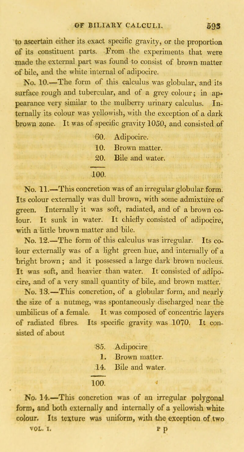 to ascertain either its exact specific gravity, or the proportion of its constituent parts. From the experiments that were made the external part was found to consist of brown matter of bile, and the white internal of adipocire. No. 10.—The form of this calculus was globular, and its surface rough and tubercular, and of a grey colour; in ap- pearance very similar to the mulberry urinary calculus. In- ternally its colour was yellowish, with the exception of a dark brown zone. It was of specific gravity 1050, and consisted of 60. Adipocire. 10. Brown matter. 20. Bile and water. 100. No. 11.—This concretion was of an irregular globular form. Its colour externally was dull brown, with some admixture of green. Internally it was soft, radiated, and of a brown co- lour. It sunk in water. It chiefly consisted of adipocire, with a little brown matter and bile. No. 12.—The form of this calculus was ii'regular. Its co- lour externally was of a light green hue, and internally of a bright brown; and it possessed a large dark brown nucleus. It was soft, and heavier than water. It consisted of adipo- cire, and of a very small quantity of bile, and brown matter. No. 13.—This concretion, of a globular form, and nearly the size of a nutmeg, was spontaneously discharged near the umbilicus of a female. It was composed of concentric layers of radiated fibres. Its specific gravity was 1070. It con- sisted of about 85. Adipocire 1. Brown matter. 14. Bile and water. 100. « No. 14.—This concretion was of an irregular polygonal form, and both externally and internally of a yellowish white colour. Its texture was uniform, with the exception of two vol. i. p p