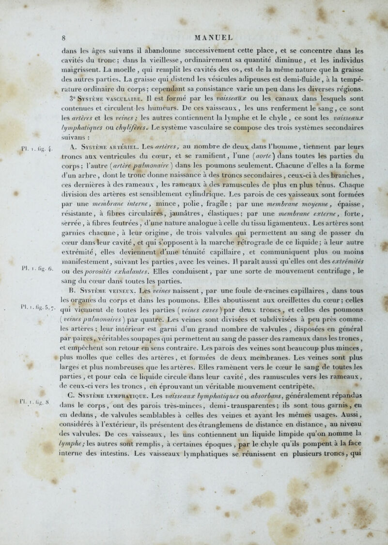 dans les âges suivans il abandonne successivement cette place, et se concentre dans les cavités du tronc ; dans la vieillesse, ordinairement sa quantité diminue, et les individus maigrissent. La moelle , qui remplit les cavités des os, est de la même nature que la graisse des autres parties. La graisse qui distend les vésicules adipeuses est demi-fluide, à la tempé- rature ordinaire du corps; cependant sa consistance varie un peu dans les diverses régions. 3“ Système vasculaire. Il est formé par les vaisseaux ou les canaux dans lesquels sont contenues et circulent les humeurs. De ces vaisseaux, les uns renferment le sang, ce sont les artères et les veines ; les autres contiennent la lymphe et le chyle , ce sont les vaisseaux lymj)hali(]ucs ou chylifères. Le système vasculaire se compose des trois systèmes secondaires suivans : j>) , (i„ ^ \. Système artériel. Les artères, au nombre de deux dans rhomine, tiennent par leurs troncs aux ventricules du cœur, et se ramifient, l’une [aorte) dans toutes les parties du corps; l’autre [artère pulmonaire) dans les poumons seulement. Chacune d’elles a la forme d’un arbre, dont le tronc donne naissance à des troncs secondaires , ceux-ci à des branches, ces dernières à des rameaux , les rameaux à des ramuscules de plus en plus ténus. Chaque division des artères est sensiblement cylindrique. Les parois de ces vaisseaux sont formées par une membrane interne, mince, polie, fragile; par une membrane moyenne, épaisse, résistante, à fibres circulaires, jaunâtres, élastiques; par une membrane externe, forte, serrée, à fibres feutrées, d’une nature analogue à celle du tissu ligamenteux. Les artères sont garnies chacune, à leur origine, de trois valvules qui permettent au sang de passer du cœur dans leur cavité, et qui s’opposent à la marche rétrograde de ce liquide ; à leur autre extrémité, elles deviennent d’une ténuité capillaire , et communiquent plus ou moins manifestement, suivant les parties, avee les veines. 11 paraît aussi qu’elles ont des extrémités 11. i.lig.f). porosités exhalantes. Elles conduisent, par une sorte de mouvement centrifuge, le sang du cœur dans toutes les parties. B. Système veineux. Les vcûies naissent, par une foule de'racines capillaires , dans tous les organes du corps et dans les poumons. Elles aboutissent aux oreillettes du cœur; celles 11.1. (ijr.5,-. jg toutes les parties [veines caves)deux troncs, et celles des poumons [veinespulmonaires) par quatre. Les veines sont divisées et subdivisées à peu près comme, les artères ; leur intérieur est garni d’un grand nombre de valvules , disposées en général par paires, véritables soupapes qui permettent au sang de passer des rameaux dans les troncs, et empêchent son retour en sens contraire. Les parois des veines sont beaucoup plus minces, plus molles que celles des artères, et formées de deux membranes. Les veines sont plus larges et plus nombreuses que les artères. Elles ramènent vers le cœur le sang de toutes les parties , et pour cela ee liquide circule dans leur cavité, des ramuscules vers les rameaux, de ceux-ci vers les troncs, en éprouvant un véritable mouvement centripète. G. Système lymphatique. Les vaisseaux lymphatiques ou absorbatis, généralement répandus • dans le corps, ont des parois très-minces, demi - transparentes ; ils sont tous garnis , en en dedans, de valvules semblables à celles des veines et ayant les mêmes usages. Aussi, considérés à l’extérieur, ils présentent des étranglemens de distance en distance , au niveau des \alvules. De ces vaisseaux, les uns contiennent un liquide limpide qu’on nomme la lymphe ; les autres sont remplis, à certaines époques , par le chyle qu’ils pompent à la face interne des intestins. Les vaisseaux lymphatiques se réunissent en plusieurs troncs, qui