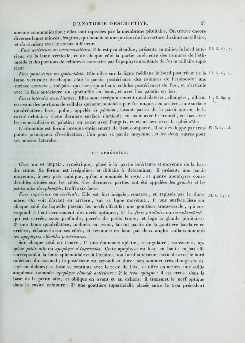 aucune communication ; elles sont tapissées par la membrane pituitaire. On trouve encore diverses lames minces, fragiles, qui bouchent une portion de l’ouverture du sinus maxillaire, et s’articulent avec le cornet inférieur. Face antérieure ou naso-maxiUaire. Elle est peu étendue , présente au milieu le bord anté- PI- 5. fig. 7. rieur de la lame verticale, et de chaque côté la partie antérieure des rainures de l’eth- moide et des portions de cellules recouvertes par l’apophyse montante de l’os maxillaire supé- rieur. Face postérieure ou sphénoïdale. Elle offre sur la ligne médiane le bord postérieur de la P). 5. fig. 8. lame verticale ; de chaque côté la partie postérieure des rainures de l’ethmoïde ; une surface convexe , inégale , qui correspond aux cellules postérieures de l’os , et s’articule avec la face antérieure du sphénoïde en haut, et avec l’os palatin en bas. Faces latérales ou orbitaires. Elles sont irrégulièrement quadrilatères, allongées , offrent PI. 5. fig. 9, en avant des portions de cellules qui sont bouchées par l’os unguis ; en arrière, une surface quadrilatère, lisse, polie, appelée os planiim, faisant partie de la paroi interne de la cavité orbitaire. Cette dernière surface s’articule en haut avec le frontal, en bas avec les os maxillaire et palatin ; en avant avec Tunguis, et en arrière avec le sphénoïde. L’ethmoïde est formé presque entièrement de tissu compacte. Il se développe par trois Pf 5. llg. i3. points principaux d’ossification , l’un pour sa partie moyenne, et les deux autres pour ses masses latérales. DU SPHÉNOÏDE. C’est un os impair, symétrique , placé à la partie inférieure et moyenne de la base du crâne. Sa forme est irrégulière et difficile à déterminer. Il présente une partie moyenne, à peu près cubique, qu’on a nommée le corps, et quatre apophyses consi- dérables situées sur les côtés. Ces dernières parties ont été appelées les grandes et les petites ailes du sphénoïde. 11 offre six faces. Face supérieure ou cérébrale. Elle est fort inégale, concave , et tapissée par la dure- pi, g gg, , mère. On voit d’avant en arrière , sur sa ligne moyenne , 1“ une surface lisse sur chaque côté de laquelle passent les nerfs olfactifs ; une gouttière transversale , qui cor- respond à l’entrecroisement des nerfs optiques ; 2“ la fosse pituitaire ou sus-sphénoïdale, qui est carrée, assez profonde, percée de petits trous , et loge la glande pituitaire ; 8“ une lame quadrilatère, inclinée en avant, faisant partie de la gouttière basilaire en arrière, échancrée sur ses côtés, et terminée en haut par deux angles saillans nommés les apophyses clinoïdes postérieures. Sur chaque côté on trouve , 1“ une éminence aplatie, triangulaire , transverse, ap- pelée petite aile ou apophyse d’Ingrassias. Cette apophyse est lisse en haut ; en bas elle correspond à la fente sphénoïdale et à l’orbite ; son bord antérieur s’articule avec le bord inférieur du coronal ; le postérieur est arrondi et libre ; son sommet très-allongé est di - rigé en dehors ; sa base se eontinue avec le reste de Tos , et offre en arrière une saillie anguleuse nommée apophyse clinoïde antérieure; 2° le trou optique: il est creusé dans la base de la petite aile, et oblique en avant et en dehors; il transmet le nerf optique dans la cavité orbitaire ; 3“ une gouttière superficielle placée entre le trou précédent