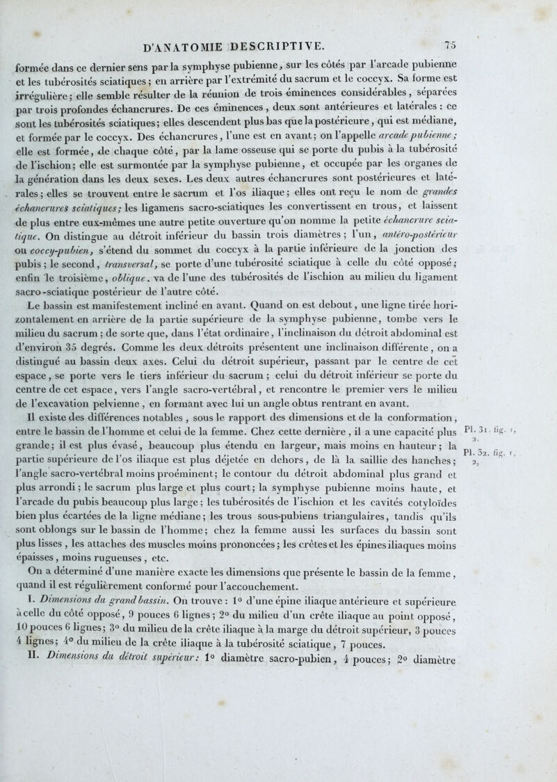 formée dans ce dernier sens par la symphyse pubienne, sur les cotes par 1 arcade pubienne et les tubérosités sciatiques ; en arrière par l’extrémité du sacrum et le coccyx. Sa forme est irrégulière ; elle semble résulter de la réunion de trois éminences considérables, séparées par trois profondes échancrures. De ces eminences , deux sont anterieures et latérales : ce sont les tubérosités sciatiques; elles descendent plus bas qùe la postérieure, qui est médiane, et formée par le coccyx. Des échancrures, l’une est en avant; on l’appelle arcadepubmine; elle est formée, de chaque côté, par la lame osseuse qui se porte du pubis à la tubérosité de l’ischion ; elle est surmontée par la symphyse pubienne, et occupée par les organes de la génération dans les deux sexes. Les deux autres échancrures sont postérieures et late- s raies ; elles se trouvent entre le sacrum et l’os iliaque ; elles ont reçu le nom de graiides échancrures sciatiques ; les ligamens sacro-sciatiques les convertissent en trous, et laissent de plus entre eux-mêmes une autre petite ouverture qu on nomme la petite échancrure scia- tique. On distingue au détroit inférieur du bassin trois diamètres ; 1 un, antéro-postérieur ou coccy-pubien, s’étend du sommet du coccyx à la partie inferieure de la jonction des pubis ; le second, transversal, se porte d’une tubérosité sciatique à celle du côte opposé ; enfin le troisième, oblique, va de l’une des tubérosités de l’ischion au milieu du ligament sacro-sciatique postérieur de l’autre côté. Le bassin est manifestement incliné en avant. Quand on est debout, une ligne tirée hori- zontalement en arrière de la partie supérieure de la symphyse pubienne, tombe vers le milieu du sacrum ; de sorte que, dans l’état ordinaire, l’inclinaison du détroit abdominal est d’environ 35 degrés. Comme les deux détroits présentent une inclinaison différente, on a distingué au bassin deux axes. Celui du détroit supérieur, passant par le centre de cet espace, se porte vers le tiers inférieur du sacrum ; celui du détroit inférieur se porte du centre de cet espace, vers l’angle sacro-vertébral, et rencontre le premier vers le milieu de l’excavation pelvienne , en formant avec lui un angle obtus rentrant en avant. Il existe des différences notables , sous le rapport des dimensions et de la conformation, entre le bassin de l’homme et celui de la femme. Chez cette dernière , il a une capacité plus grande; il est plus évasé, beaucoup plus étendu en largeur, mais moins en hauteur; la partie supérieure de l’os iliaque est plus déjetée en dehors, de là la saillie des hanches; l’angle sacro-vertébral moins proéminent; le contour du détroit abdominal plus grand et plus arrondi; le sacrum plus large et plus court; la symphyse pubienne moins haute, et l’arcade du pubis beaucoup plus large ; les tubérosités de l’ischion et les cavités cotyloïdes bien plus écartées de la ligne médiane; les trous sous-pubiens triangulaires, tandis qu’ils sont oblongs sur le bassin de l’homme ; chez la femme aussi les surfaces du bassin sont plus lisses , les attaches des muscles moins prononcées ; les crêtes et les épines iliaques moins épaisses, moins rugueuses , etc. On a déterminé d’une manière exacte les dimensions que présente le bassin de la femme , quand il est régulièrement conformé pour l’accouchement. I. Dimensions du grand bassin. On trouve : 1° d’une épine iliaque antérieure et supérieure à celle du cote opposé, 9 pouces 6 lignes ; 2° du milieu d’un crête iliaque au point opposé, 10 pouces 6 lignes ; 3° du milieu de la crête iliaque à la marge du détroit supérieur, 3 pouces 4 lignes ; 4® du milieu de la crête iliaque à la tubérosité sciatique , 7 pouces. IL Dimensions du détroit supérieur : 1° diamètre sacro-pubien, 4 pouces; 2° diamètre PI. 3l. tig. r, 2. PI. 52, fig. r, 2,