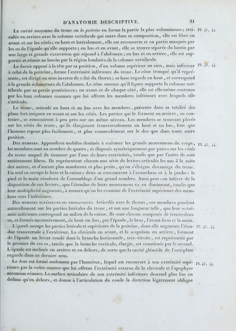 La cavité moyenne du tronc ou la poitrine en forme la partie la plus volumineuse; arti- Pl. }3, (j culée en arrière avec la colonne vertébrale qui entre dans sa composition, elle est libre en avant et sur les cotés ; en haut et latéralement, elle est recouverte et en partie masquée par les os de l’épaule qu’elle supporte ; en bas et en avant, elle se trouve séparée du bassin par une large et grande excavation qui répond à l’abdomen ; en bas et en arrière , elle est sup- portée et réunie au bassin par la région lombaire de la colonne vertébrale. Le bassin opposé à la tête par sa position , d’un volume supérieur au sien, mais inférieur Pl- > 4i à celui de la poitrine, forme l’extrémité inférieure du tronc. Le cône tronqué qu’il repré- sente, est dirigé en sens inverse de celui du thorax ; sa base regarde en haut, et correspond à la grande échancrure de l’abdomen. La zone osseuse qu’il figure supporte la colonne ver- tébrale par sa partie postérieure; en avant et de chaque côté, elle est elle-même soutenue par les leux colonnes osseuses que lui offrent les membres inférieurs avec lesquels elle s’articule. Le tronc, articulé en haut et en bas avec les membres, présente dans sa totalité des plans fort inégaux en avant et sur les côtés. Les parties qui le forment en arrière, au con- traire , se rencontrent à peu près sur un même niveau. Les membres se trouvant placés sur les côtés du tronc, qu’ils élargissent transversalement en haut et en bas, font que l’homme repose plus facilement, et plus commodément sur le dos que dans toute autre position. Des membres. Appendices mobiles destinés à exécuter les grands mouvemens du corps, pj ^3 // les membres sont au nombre de quatre, et disposés symétriquement par paires sur les côtés du tronc auquel ils tiennent par l’une de leurs extrémités, tandis que par l’autre ils sont entièrement libres. Ils représentent chacun une série de leviers articulés les uns a la suite des autres, et d’autant plus nombreux et plus petits, qu’on s’éloigne davantage du tronc. Un seul os occupe le bras et la cuisse ; deux se rencontrent à l’avant-bras et à la jambe ; le pied et la main résultent de l’assemblage d’un grand nombre. Aussi peut-on inférer de la disposition de ces leviers, que l’étendue de leurs mouvemens va en diminuant, tandis que leur multiplicité augmente, à mesure qu’on les examine de l’extrémité supérieure des mem- bres vers l’inférieure. Des membres sepérieers ou thoraciques. Articulés avec le thorax, ces membres pendent naturellement sur les parties latérales du tronc , et ont une longueur telle , que leur extré- mité inférieure correspond au milieu de la cuisse. Ils sont chacun composés de trente-deux os, et formés successivement, de haut en bas, par l’épaule , le bras , l’avant-bras et la main. \Jépaule occupe les parties latérale et supérieure de la poitrine, dont elle augmente l’éten- Pl. .j3, Pf. due transversale à l’extérieur. La clavicule en avant, et le scapulum en arrière, forment de l’épaule un levier coudé dont la branche horizontale, très-étroite, est représentée par le premier de ces os , tandis que la branche verticale, élargie, est constituée par le second. L’épaule est inclinée en arrière et en dehors, de sorte que la cavité glénoïde de l’omojilate regarde dans ce dernier sens. Le bras est formé seulement par l’humérus, lequel est recouvert à son extrémité supé- pj ^3 rieure par la voûte osseuse que lui offrent l’extrémité externe de la clavicule et l’apophyse acromion réunies. La surface articulaire de son extrémité inférieure descend plus bas en dedans qu’en dehors, et donne à l’articulation du coude la direction légèrement oblique