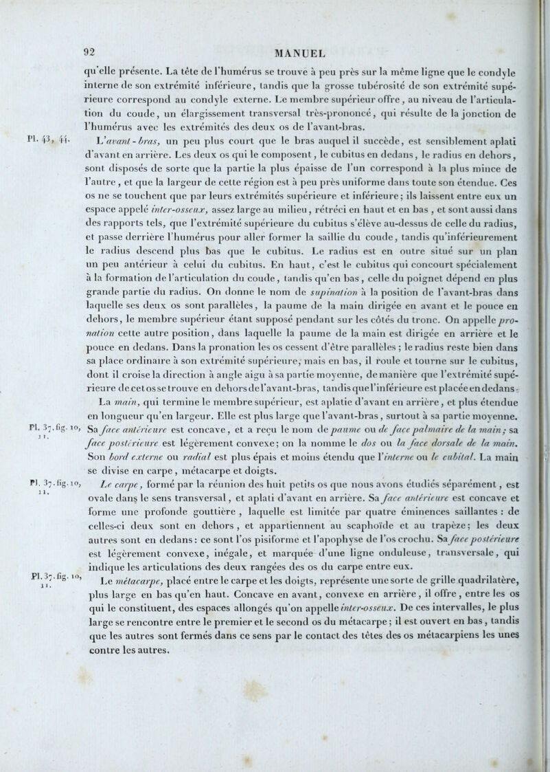 PI. 43, PI. 37. ] I. P). 37 11. PI. 37 qu elle présente. La tête tle l'humérus se trouve à peu près sur la même ligne que le condyle interne de son extrémité inférieure, tandis que la grosse tubérosité de son extrémité supé- rieure correspond au condyle externe. Le membre supérieur offre, au niveau de l’articula- tion du coude, un élargissement transversal très-prononcé, qui résulte de la jonction de riiumérus avec les extrémités des deux os de l’avant-bras. 4i- avant - bras, un peu plus court que le bras auquel il succède, est sensiblement aplati d’avant en arrière. Les deux os qui le composent, le cubitus en dedans, le radius en dehors, sont disposés de sorte que la partie la plus épaisse de l’un correspond à la plus mince de l’autre , et que la largeur de cette région est à peu près uniforme dans toute son étendue. Ces os ne se touchent que par leurs extrémités supérieure et inférieure; ils laissent entre eux un espace appelé intcr-osscax, assez large au milieu, rétréci en haut et en bas , et sont aussi dans des rapports tels, que l’extrémité supérieure du cubitus s’élève au-dessus de celle du radius, et passe derrière I bumérus pour aller former la saillie du coude, tandis qu’inférieurement le radius descend plus bas que le cubitus. Le radius est en outre situé sur un plan un peu antérieur à celui du cubitus. En haut, c’est le cubitus qui concourt spécialement à la formation de l’articulation du coude, tandis qu’en bas , celle du poignet dépend en plus grande partie tlu radius. On donne le nom de supination à la position de l’avant-bras dans laquelle ses deux os sont parallèles, la paume de la main dirigée en avant et le pouce en dehors, le membre supérieur étant supposé pendant sur les côtés du tronc. On appelle pro- nation cette autre position, dans laquelle la paume de la main est dirigée en arrière et le pouce en dedans. Dans la pronation les os cessent d’être parallèles ; le radius reste bien dans sa place ordinaire à son extrémité supérieure, mais en bas, il roule et tourne sur le cubitus, dont il croise la direction à angle aigu à sa partie moyenne, de manière que l’extrémité supé- rieure decetossetrouve en deborsdel’avant-bras, tandisquel’inférieureestplacéeendedans- La main, qui termine le membre supérieur, est aplatie d’avant en arrière, et plus étendue en longueur qu’en largeur. Elle est plus large que l’avant-bras, surtout à sa partie moyenne. Sa face antérieure est concave , et a reçu le nom de paume ou de face palmaire de la main; sa face postérieure est légèrement convexe; on la nomme le dos ou la face dorsale de la main. Son bord externe ou radial est plus épais et moins étendu que \interne ou le cubital. La main se divise en carpe , métacarpe et doigts. Le carpe, formé par la réunion des huit petits os que nous avons étudiés séparément, est ovale dan§ le sens transversal, et aplati d’avant en arrière. Sa face antérieure est concave et forme une profonde gouttière , laquelle est limitée par quatre éminences saillantes : de celles-ci deux sont en dehors, et appartiennent au scaphoïde et au trapèze; les deux autres sont en dedans : ce sont l’os pisiforme et l’apophyse de l’os crochu. Sa face postérieure est légèrement convexe, inégale, et marquée d’une ligne onduleuse, transversale, qui indique les articulations des deux rangées des os du carpe entre eux. Le métacarpe, placé entre le carpe et les doigts, représente une sorte de grille quadrilatère, plus large en bas qu’en haut. Concave en avant, convexe en arrière, il offre, entre les os qui le constituent, des espaces allongés qu'on inter-osseux. De ces intervalles, le plus large se rencontre entre le premier et le second os du métacarpe ; il est ouvert en bas, tandis que les autres sont fermés dans ce sens par le contact des têtes des os métacarpiens les unes contre les autres.
