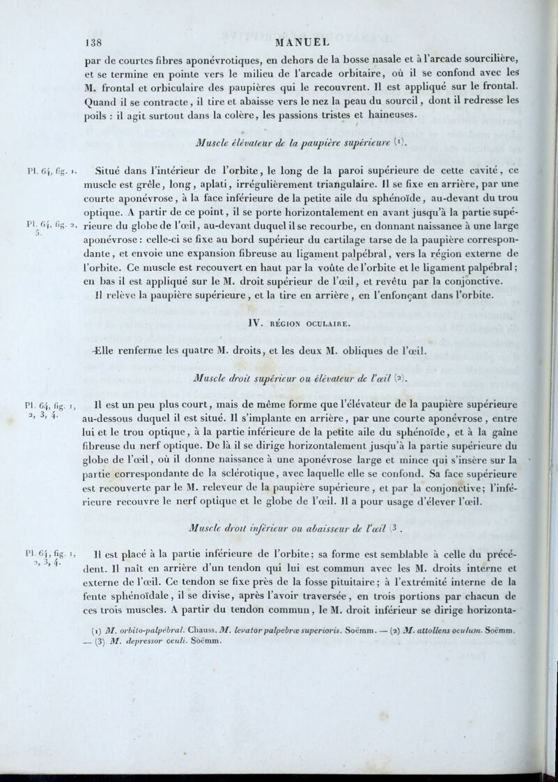 par de courtes fibres aponévrotiques, en dehors de la bosse nasale et à l’arcade sourcilière, et se termine en pointe vers le milieu de l’arcade orbitaire, où il se confond avec les M. frontal et orbiculaire des paupières qui le recouvrent. Il est appliqué sur le frontal. Quand il se contracte, il tire et abaisse vers le nez la peau du sourcil, dont il redresse les poils : il agit surtout dans la colère, les passions tristes et haineuses. Muscle élévateur de la paupière supérieure (0. PI. 6f, (ig. I. Situé dans l’intérieur de l’orbite, le long de la paroi supérieure de cette cavité, ce muscle est grêle, long, aplati, irrégulièrement triangulaire. Il se fixe en arrière, par une courte aponévrose, à la face inférieure de la petite aile du sphénoïde, au-devant du trou optique. A partir de ce point, il se porte horizontalement en avant jusqu’à la partie supé- Pl. Gj, (ig. 2, rieure du globe de l’œil, au-devant duquel il se recourbe, en donnant naissance à une large aponévrose : celle-ci se fixe au bord supérieur du cartilage tarse de la paupière correspon- dante, et envoie une expansion fibreuse au ligament palpébral, vers la région externe de l’orbite. Ce muscle est recouvert en haut par la voûte de l’orbite et le ligament palpébral ; en bas il est appliqué sur le M. droit supérieur de l’œil, et revêtu par la conjonctive. Il relève la paupière supérieure , et la tire en arrière , en l’enfonçant dans l’orbite. IV. RÉGION OCULAIRE. -Elle renferme les quatre M. droits, et les deux M. obliques de l’œil. Muscle droit supérieur ou élévateur de l’ceil (^). PI. 64, fig. I, 11 est un peu plus court, mais de même forme que l’élévateur de la paupière supérieure au-dessous duquel il est situé. Il s’implante en arrière, par une courte aponévrose , entre lui et le trou optique, à la partie inférieure de la petite aile du sphénoïde, et à la gaine fibreuse du nerf optique. De là il se dirige horizontalement jusqu’à la partie supérieure du globe de l’œil, où il donne naissance à une aponévrose large et mince qui s’insère sur la partie correspondante de la sclérotique, avec laquelle elle se confond. Sa face supérieure est recouverte par le M. releveur de la paupière supérieure, et par la conjonctive; l’infé- rieure recouvre le nerf optique et le globe de l’œil. 11 a pour usage d’élever l’œil. Muscle droit inférieur ou abaisseur de l’ail ,3 . PI. 64, fig. O, 3, 4. Il est placé à la partie inférieure de l’orbite; sa forme est semblable à celle du précé- dent. Il naît en arrière d’un tendon qui lui est commun avec les M. droits interne et externe de l’œil. Ce tendon se fixe près de la fosse pituitaire; à l’extrémité interne de la fente sphénoïdale, il se divise, après l’avoir traversée, en trois portions par chacun de ces trois muscles. A partir du tendon commun, le M. droit inférieur se dirige horizonta- (i) M. orbilo-palpébral. Cliauss. M. levator palpebræsuperioris. Soé'mm. — (2) M. attollens ocuhim. Soëmm. [3) M. depressor oenti. Soëtnm.