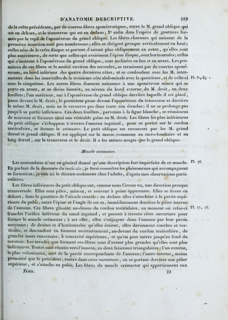 delà crête précédente, par de courtes fibres aponévrotiques, entre le M. grand oblique qui est en dehors, et le tiansverse qui est en dedans; 3° enfin dans l’espèce de gouttière for- mée par le repli de l’aponévrose du grand oblique. Les fibres charnues qui naissent de la première insertion sont peu nombreuses ; elles se dirigent presque verticalement en haut ; celles nées de la crête iliaque se portent d’autant plus obliquement en avant, qu’elles sont plus antérieures, de sorte que celles qui avoisinent l’épine iliaque, sont horizontales ; celles qui s’insèrent à l’aponévrose du grand oblique, sont Inclinées en bas et en avant. Les pre- mières de ces libres et la moitié environ des secondes, se terminent par de courtes aponé- vroses, au bord inférieur des quatre dernières côtes, et se confondent avec les M. inter- costaux dans les intervalles de la troisième côte abdominale avec la quatrième, et de celle-ci PI. 82, Gg. avec la cinquième. Les autres fibres donnent naissance à une aponévrose mince qui se porte en avant, et se divise bientôt, au niveau du bord externe du M. droit, en deux feuillets ; l’un antérieur, uni à l’aponévrose du grand oblique derrière laquelle il est placé , passe devant le M. droit; le postérieur passe devant l’aponévrose du transverse et derrière le même M. droit, mais ne le recouvre pas dans toute son étendue; il ne se prolonge pas jusqu’à sa partie inférieure. Ces deux feuillets , parvenus à la ligne blanche , se réunissent de nouveau et forment ainsi une véritable gaine au M. droit. Les fibres les plus inférieures du petit oblique s’échappent à travers l’anneau inguinal, pour se porter sur le cordon testiculaire, et former le crémaster. Le petit oblique est recouvert par les M. grand dorsal et grand oblique. Il est appliqué sur la masse commune au sacro-lombaire et au long dorsal , sur le transverse et le droit. Il a les mêmes usages que le grand oblique. Muscle créinasler. Les anatomistes n’ont en général donné qu’une description fort imparfaite de ce muscle. 7®' En parlant de la descente du testicule, je ferai connaître les phénomènes qui accompagnent sa formation; je vais ici le décrire seulement chez l’adulte, d’après mes observations parti- culières. Les fibres inférieures du petit oblique ont, comme nous l’avons vu, une direction presque transversale. Elles sont pâles, minces, et souvent à peine apparentes. Elles se fixent en dehors , dans la gouttière de l’arcade crurale; en dedans elles s’attachent à la partie supé- rieure du pubis, entre l’épine et l’angle de cet os, immédiatement derrière le pilier interne de l’anneau. Ces fibres glissent au-dessus du cordon testiculaire, au moment où celui-ci 77i 7^ franchit l’orifice inférieur du canal inguinal , et passent à travers cette ouverture pour former le muscle crémaster ; à cet effet, elles s’engagent dans l’anneau par leur partie moyenne; de droites et d’horizontales qu’elles étaient, elles deviennent courbes et ver- ticales, et descendent en formant successivement, au-devant du cordon testiculaire, de grandes anses renversées, à concavité supérieure , et qu’on peut suivre jusqu’au fond du scrotum. Les arcades que forment ces fibres sont d’autant plus grandes qu’elles sont plus inferieures. Toutes sont réunies vers l’anneau, en deux faisceaux triangulaires : l’un externe, le plus volumineux, sort de la partie correspondante de l’anneau; l’autre interne, moins prononce que le précédent, rentre dans celte ouverture , en se portant derrière son pilier supeneur, et s attache au pubis. Les fibres du muscle crémaster qui appartiennent aux Texte. 22