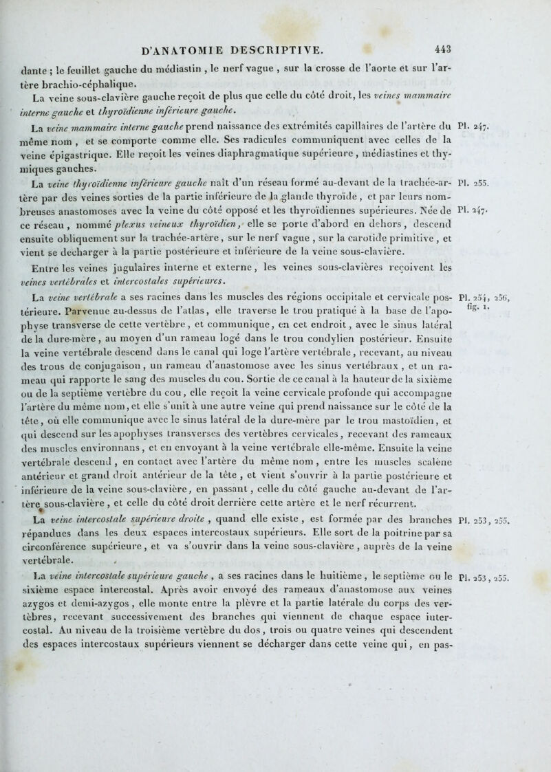 tlante ; le feuillet gauche du nicdiastin , le nerf vague , sur la crosse de l’aorte et sur l’ar- tère brachio-céphalique. La veine sous-clavière gauche reçoit de plus que celle du côté droit, les veines mammaire interne gauche et thyroïdienne inférieure gauche. La veine mammaire interne gauche naissance des extrémités capillaires de l’artère du même nom , et se comporte comme elle. Ses radicules communiquent avec celles de la veine épigastrique. Elle reçoit les veines diaphragmatique supérieure , médiastines et thy- miques gauches. La veine ihyroïdienne inférieure gauche naît d’un réseau formé au-devant de la trachée-ar- tère par des veines sorties de la partie inférieure de la glande thyroïde, et par leurs nom- breuses anastomoses avec la veine du côté opposé et les thyroïdiennes supérieures. Née de ce réseau , nommé, plexus veineux thyroïdien, elle se porte d’abord en dehors, descend ensuite obliquement sur la trachée-artère, sur le nerf vague , sur la carotide primitive , et vient se décharger à la partie postérieure et inferieure de la veine sous-clavière. Entre les veines jugulaires interne et externe, les veines sous-clavières reçoivent les veines vertébrales et intercostales supérieures. La veine vertébrale a ses racines dans les muscles des régions occipitale et cervicale pos- térieure. Parvenue au-dessus de l’allas, elle traverse le trou pratiqué à la base de l’apo- physe transverse de celte vertèbre, et communique, en cet endroit, avec le sinus latéral de la dure-mère, au moyen d’un rameau logé dans le trou condylien postérieur. Ensuite la veine vertébrale descend dans le canal qui loge l’artère vertébrale , recevant, au niveau des trous de conjugaisoji, un rameau d’anastomose avec les sinus vertébraux , et un ra- meau qui rapporte le sang des muscles du cou. Sortie de ce canal à la hauteur de la sixième ou de la septième vertèbre du cou, elle reçoit la veine cervicale profonde qui accompagne l’artère du même nom, et elle s’unit à une autre veine qui prend naissance sur le côté de la tête, où elle communique avec le sinus latéral de la dure-mère par le trou mastoïdien, et qui descend sur les apophyses transverses des vertèbres cervicales, recevant des rameaux des muscles environnans , et en envoyant à la veine vertébrale elle-même. Ensuite la veine vertébrale descend , en contact avec l’artère du même nom , entre les muscles scalène antérieur et grand droit antérieur de la tête , et vient s’ouvrir à la partie postérieure et inférieure de la veine sous-clavière, en passant, celle du côté gauche au-devant de l’ar- tère sous-clavière , et celle du côté droit derrière cette artère et le nerf récurrent. La veine intercostale supérieure droite , quand elle existe , est formée par des branches répandues dans les deux espaces intercostaux supérieurs. Elle sort de la poitrine par sa circonférence supérieure, et va s’ouvrir dans la veine sous-clavière , auprès de la veine vertébrale. . PI. 247. PI. 255. PI. 247. PI. 254, 206' fig. 1. PI. 253, 2o5 La veine intercostale supérieure gauche , a ses racines dans le huitième , le septième ou le pi. 253, 255 .sixième espace intercostal. Après avoir envoyé des rameaux d’anastomose aux veines azygos et demi-azygos , elle monte entre la plèvre et la partie latérale du corps des ver- tèbres, recevant successivement des branches qui viennent de chaque espace inter- costal. Au niveau de la troisième vertèbre du dos , trois ou quatre veines qui descendent des espaces intercostaux supérieurs viennent se décharger dans cette veine qui, en pas-