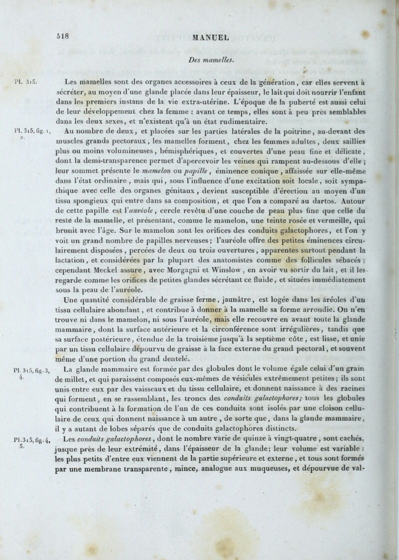 PI. 3i5. PI. 3i5,fig. I, PL3i5,fig.3, P1.3.5,fig.4, 5. Des mamelles. Les mamelles sont des organes accessoires à ceux de la génération, car elles servent à sécréter, au moyen d’une glande placée dans leur épaisseur, le lait qui doit nourrir l’enfant dans les premiers instans de la vie extra-utérine. L’époque de la puberté est aussi celui de leur développement chez la femme : avant ce temps, elles sont à peu près semblables dans les deux sexes, et n’existent qu’à un état rudimentaire. Au nombre de deux, et placées sur les parties latérales de la poitrine, au-devant des muscles grands pectoraux, les mamelles forment, chez les femmes adultes, deux saillies plus ou moins volumineuses, hémisphériques, et couvertes d’une peau fine et délicate , dont la demi-transparence permet d’apercevoir les veines qui rampent au-dessous d’elle ; leur sommet présente le mamelon ou papille , éminence conique , affaissée sur elle-même dans l’état ordinaire , mais qui, sous l’influence d’une excitation soit locale, soit sympa- thique avec celle des organes génitaux , devient susceptible d’érection au moyen d’un tissu spongieux qui entre dans sa composition, et que l’on a comparé au dartos. Autour de cette papille est Xauréole, cercle revêtu d’une couche de peau plus fine que celle du reste de la mamelle, et présentant, comme le mamelon, une teinte rosée et vermeille, qui brunit avec l’âge. Sur le mamelon sont les orifices des conduits galactophores, et l’on y voit un grand nombre de papilles nerveuses; l’auréole offre des petites éminences circu- lairement disposées , percées de deux ou trois ouvertures, apparentes surtout pendant la lactation, et considérées par la plupart des anatomistes comme des follicules sébacés; cependant Meckel assure , avec Morgagni et Winslow , en avoir vu sortir du lait, et il les regarde comme les orifices de petites glandes sécrétant ce fluide, et situées immédiatement sous la peau de l’auréole. Une quantité considérable de graisse ferme, jaunâtre, est logée dans les aréoles d’un tissu cellulaire abondant, et contribue à donner à la mamelle sa forme arrondie. On n’en trouve ni dans le mamelon, ni sous l’auréole, mais elle recouvre en avant toute la glande mammaire, dont la surface antérieure et la circonférence sont irrégulières, tandis que sa surface postérieure, étendue de la troisième jusqu’à la septième côte, est lisse, et unie par un tissu cellulaire dépourvu de graisse à la face externe du grand pectoral, et souvent même d’une portion du grand dentelé. La glande mammaire est formée par des globules dont le volume égale celui d'un grain de millet, et qui paraissent composés eux-mêmes de vésicules e.xtrêmement petites ; ils sont unis entre eux par des vaisseaux et du tissu cellulaire, et donnent naissance à des racines qui forment, en se rassemblant, les troncs des conduits galactophores; tous les globules qui contribuent à la formation de l’un de ces conduits sont isolés par une cloison cellu- laire de ceux qui donnent naissance à un autre , de sorte que, dans la glande mammaire, il y a autant de lobes séparés que de conduits galactophores distincts. Les conduits galactophores, dont le nombre varie de quinze à vingt-quatre , sont cachés, jusque près de leur extrémité, dans l’épaisseur de la glande; leur volume est variable : les plus petits d’entre eux viennent de la partie supérieure et externe , et tous sont formés par une membrane transparente, mince, analogue aux muqueuses, et dépourvue de val-