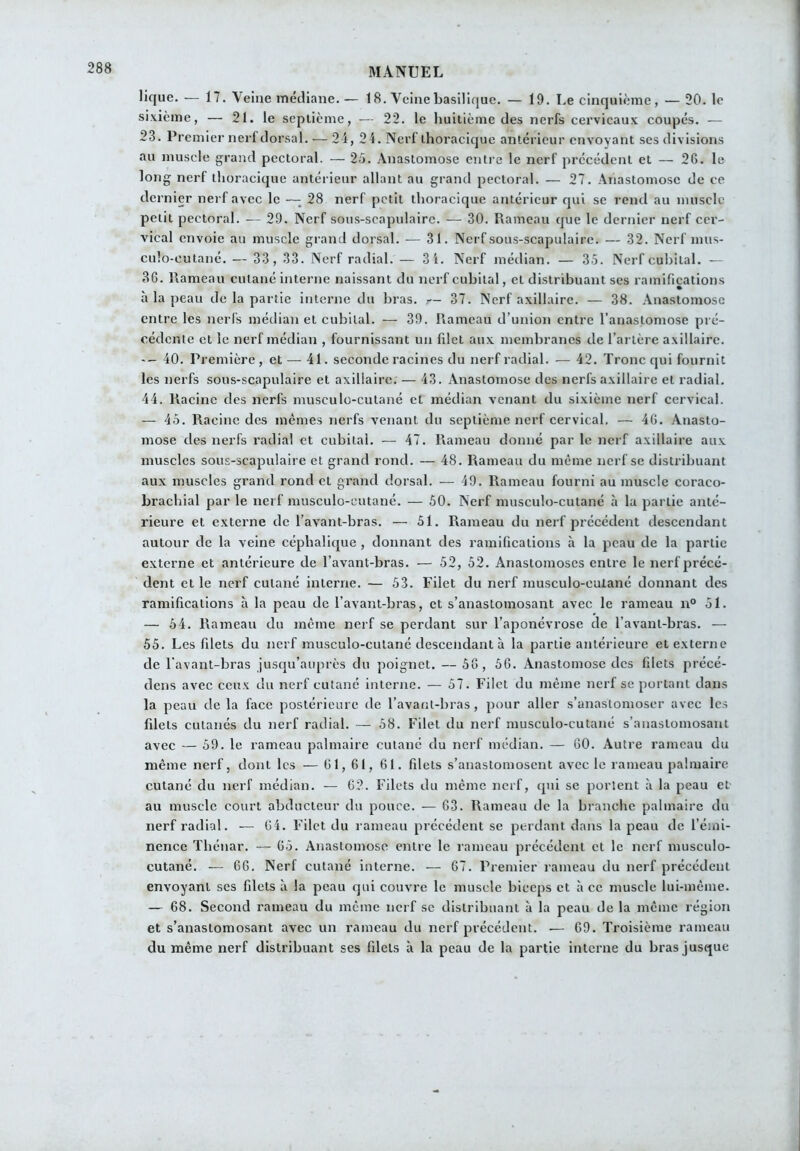 lique. — 17. Veine médiane. — 18. Veine basilique. — 19. Le cinquième, — 20. le sixième, — 21. le septième, — 22. le huitième des nerfs cervicaux coupés. — 23. Premier nerf dorsal. — 24, 24. Nerf thoracique antérieur envoyant ses divisions au muscle grand pectoral. — 25. Anastomose entre le nerf précédent et — 26. le long nerf thoracique antérieur allant au grand pectoral. — 27. Anastomose de ce dernier nerf avec le —- 28 nerf petit thoracique antérieur qui se rend au muscle petit pectoral. — 29. Nerf sous-scapulaire. — 30. Rameau que le dernier nerf cer- vical envoie au muscle grand dorsal. — 31. Nerf sous-scapulaire. — 32. Nerf mus- cuîo-cutané. — 33, 33. Nerf radial. — 34. Nerf médian. — 35. Nerf cubital. — 36. Rameau cutané interne naissant du nerf cubital, et distribuant ses ramifications à la peau de la partie interne du bras. 37. Nerf axillaire. — 38. Anastomose entre les nerfs médian et cubital. — 39. Rameau d’union entre l’anastomose pré- cédente et le nerf médian , fournissant un filet aux membranes de l’artère axillaire. 40. Première, et— 41. seconde racines du nerf radial. — 42. Tronc qui fournit les nerfs sous-scapulaire et axillaire. — 43. Anastomose des nerfs axillaire et radial. 44. Racine des nerfs musculo-cutané et médian venant du sixième nerf cervical. — 45. Racine des mêmes nerfs venant du septième nerf cervical, — 46. Anasto- mose des nerfs radial et cubital. — 47. Rameau donné par le nerf axillaire aux muscles sous-scapulaire et grand rond. — 48. Rameau du même nerf se distribuant aux muscles grand rond et grand dorsal. — 49. Rameau fourni au muscle coraco- brachial par le nerf musculo-cutané. — 50. Nerf musculo-cutané à la partie anté- rieure et externe de l’avant-bras. — 51. Rameau du nerf précédent descendant autour de la veine céphalique, donnant des ramifications à la peau de la partie externe et antérieure de l’avant-bras. — 52, 52. Anastomoses entre le nerf précé- dent et le nerf cutané interne. — 53. Filet du nerf musculo-cutané donnant des ramifications à la peau de l’avant-bras, et s’anastomosant avec le rameau n° 51. — 54. Rameau du même nerf se perdant sur l’aponévrose de l’avant-bras. — 55. Les filets du nerf musculo-cutané descendant à la partie antérieure et externe de l’avant-bras jusqu’auprès du poignet. — 56, 56. Anastomose des filets précé- dens avec ceux du nerf cutané interne. — 57. Filet du même nerf se portant dans la peau de la face postérieure de l’avant-bras, pour aller s’anastomoser avec les fdets cutanés du nerf radial. — 58. Filet du nerf musculo-cutané s’anastomosant avec — 59. le rameau palmaire cutané du nerf médian. — 60. Autre rameau du même nerf, dont les — 61,61, 61. filets s’anastomosent avec le rameau palmaire cutané du nerf médian. — 62. Filets du même nerf, qui se portent à la peau et au muscle court abducteur du pouce. — 63. Rameau de la branche palmaire du nerf radial. — 64. Filet du rameau précédent se perdant dans la peau de l’émi- nence Thénar. — 65. Anastomose entre le rameau précédent et le nerf musculo- cutané. — 66. Nerf cutané interne. — 67. Premier rameau du nerf précédent envoyant ses filets à la peau qui couvre le muscle biceps et à ce muscle lui-même. — 68. Second rameau du même nerf se distribuant à la peau de la même région et s’anastomosant avec un rameau du nerf précédent. ■— 69. Troisième rameau du même nerf distribuant ses filets à la peau de la partie interne du bras jusque