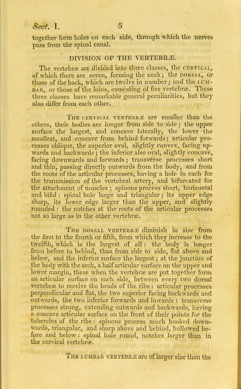 together form holes on each side, through which the nerves pass from the spinal canal. DIVISION OF THE VERTEBR2E. The vertebrae are divided into three classes, the cervical, of which there are seven, forming the neck; the dorsal, or those of the back, which are twelve in number; and the lum- bar, or those of the loins, consisting of five vertebrae. These three classes have remarkable general peculiarities, but they also differ from each other. The cervical vertebrae are smaller than the others, their bodies are longer from side to side ; the upper surface the largest, and concave laterally, the lower the smallest, and concave from behind forwards; articular pro- cesses oblique, the superior oval, slightly convex, facing up- wards and backwards; the inferior also oval, slightly concave, facing downwards and forwards; transvhi-se processes short and thin, passing directly outwards from the body, and from the roots of the articular processes, having a hole in each for the transmission of the vertebral artery, and bifurcated for the attachment of muscles ; spinous process short, horizontal and bifid : spinal hole large and triangular; its upper edge sharp, its lower edge larger than the upper, and slightly rounded : the notches at the roots of the articular processes not so large as in the other vertebrse. The dorsal vertebras diminish in size from the first to the fourth or fifth, from which they increase to the twelfth, which is the largest of all : the body is longer from before to behind, than from side to side, flat above and below, and the inferior surface the largest; at the junction of the body with the arch, a half articular surface on the upper and lower margin, these when the vertebrae are put together form an articular surface on each side, between every two dorsal vertebrae to receive the heads of the ribs : articular processes perpendicular and flat, the two superior facing backwards and outwards, the two inferior forwards and inwards : transverse processes strong, extending outwards and backwards, having a concave articular surface on the front of their points for the tubercles of the ribs : spinous process much hooked down- wards, triangular, and sharp above and behind, hollowed be- fore and below : spinal hole round, notches larger than in the cervical vertebra. The lumbar vertebras are of larger size than the