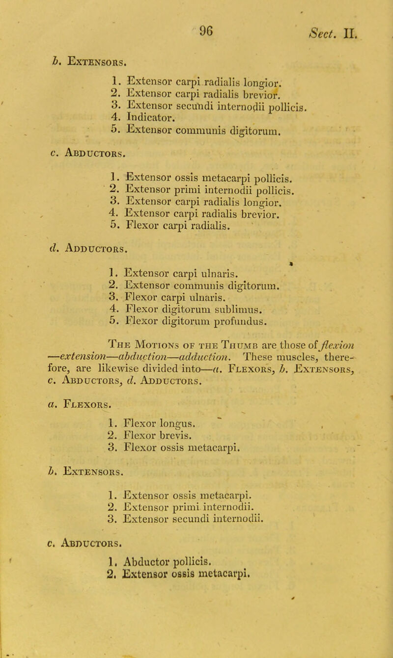 b. Extensors. 1. Extensor carpi radialis longior. 2. Extensor carpi radialis brevior. 3. Extensor secutidi internodii pollicis. 4. Indicator. 5. Extensor communis digitorum. c. Abductors. 1. Extensor ossis metacarpi pollicis. 2. Extensor primi internodii pollicis. 3. Extensor carpi radialis longior. 4. Extensor carpi radialis brevior. 5. Flexor carpi radialis. d. Adductors. * 1. Extensor carpi ulnaris. 2. Extensor communis digitorum. 3. Flexor carpi ulnaris. 4. Flexor digitorum sublimus. 5. Flexor digitorum profundus. The Motions of the Thumb are those of flexion —extension—abduction—adduction. These muscles, there- fore, are likewise divided into—a. Flexors, h. Extensors, c. Abductors, d. Adductors. a. Flexors. 1. Flexor longus. 2. Flexor brevis. 3. Flexor ossis metacarpi. b. Extensors. 1. Extensor ossis metacarpi. 2. Extensor primi internodii. 3. Extensor secundi internodii. c. Abductors. 1. Abductor pollicis. 2. Extensor ossis metacarpi.