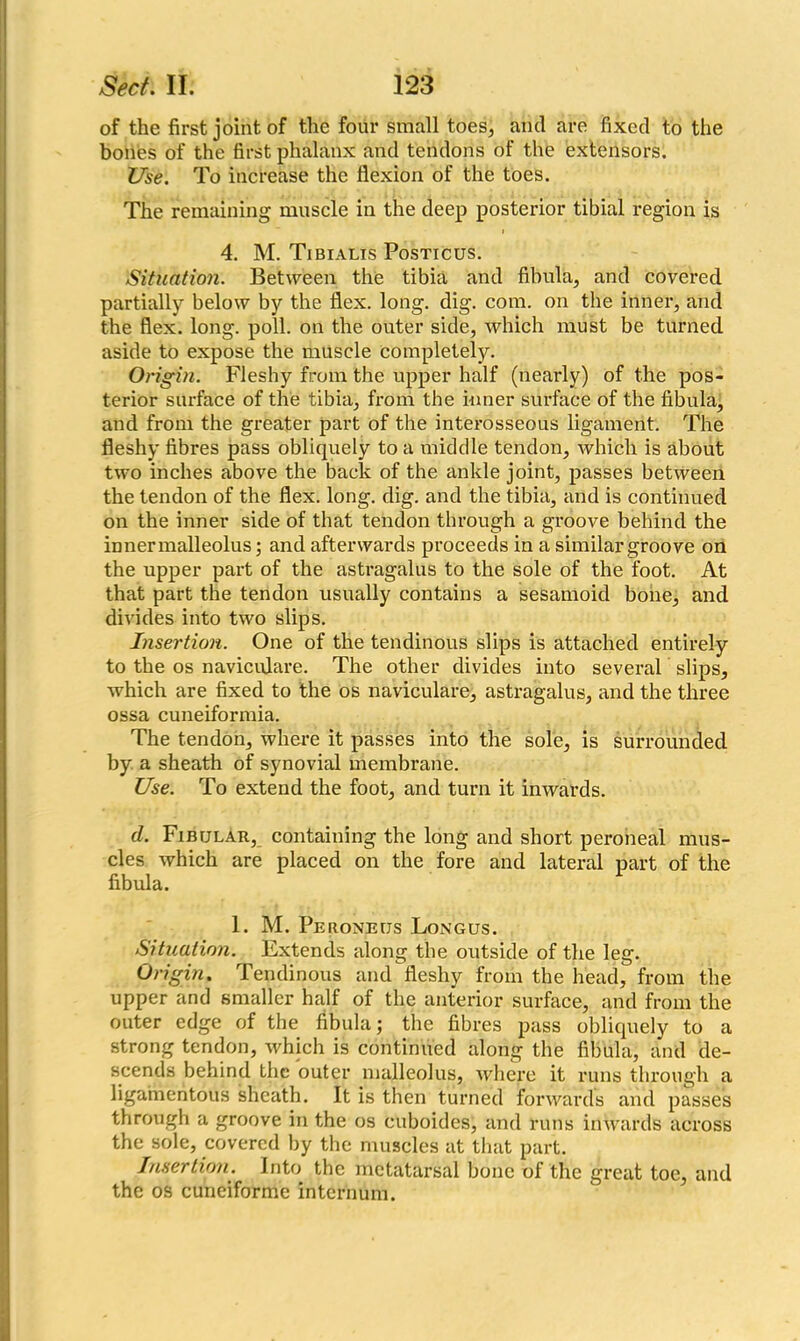 of the first joint of the four small toes, and are fixed to the bones of the first phalanx and tendons of the extensors. Use. To increase the flexion of the toes. The remaining muscle in the deep posterior tibial region is 4. M. Tibialis Posticus. Situation. Between the tibia and fibula, and covered partially below by the flex. long. dig. com. on the inner, and the flex. long. poll, on the outer side, which must be turned aside to expose the muscle completely. Origin. Fleshy from the upper half (nearly) of the pos- terior surface of the tibia, from the inner surface of the fibula, and from the greater part of the interosseous ligament. The fleshy fibres pass obliquely to a middle tendon, which is about two inches above the back of the ankle joint, passes between the tendon of the flex. long. dig. and the tibia, and is continued on the inner side of that tendon through a groove behind the inner malleolus; and afterwards proceeds in a similar groove on the upper part of the astragalus to the sole of the foot. At that part the tendon usually contains a sesamoid bone, and divides into two slips. Insertion. One of the tendinous slips is attached entirely to the os naviculare. The other divides into several slips, which are fixed to the os naviculare, astragalus, and the three ossa cuneiformia. The tendon, where it passes into the sole, is surrounded by a sheath of synovial membrane. Use. To extend the foot, and turn it inwards. cl. Fibijlar, containing the long and short peroneal mus- cles which are placed on the fore and lateral part of the fibula. 1. M. Pe rone us Long us. Situation. Extends along the outside of the leg. Origin. Tendinous and fleshy from the head, from the upper and smaller half of the anterior surface, and from the outer edge of the fibula; the fibres pass obliquely to a strong tendon, which is continued along the fibula, and de- scends behind the outer malleolus, where it runs through a ligamentous sheath. It is then turned forwards and passes through a groove in the os cuboides, and runs inwards across the sole, covered by the muscles at that part. Insertion. Into the metatarsal bone of the great toe, and the os cuneiforme internum.
