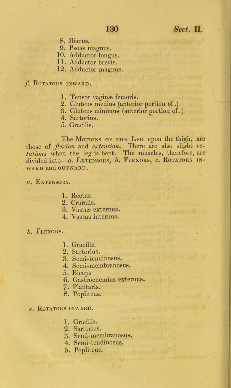 8. Iliacus. 9. Psoas magnus. 10. Adductor longus. 11. Adductor brevis. 12. Adductor magnus. f. Rotators inward. 1. Tensor vaginse femox-is. 2. Gluteus medius (anterior portion of.) 3. Gluteus minimus (anterior portion of.) 4. Sartorius. 5. Gracilis. The Motions of the Leg upon the thigh, those of flexion and extensiont There are also slight tations when the leg is bent. The muscles, therefore, divided into—a. Extensors, h. Flexors, c. Rotators ward and OUTWARD. a. Extensors. 1. Rectus. 2. Cruralis. 3. Vastus externus. 4. Vastus internus. b. Flexors. 1. Gracilis. 2. Sartorius. 3. Semi-tendinosus. 4. Semi-membranosus. 5. Biceps 6. Gastrocnemius externus. 7. Plantaris. 8. Popliteus. c. Rotators inward. - 1. Gracilis. 2. Sartorius. 3. Semi-membranosus. 4. Semi-tendinosus, 5. Popliteus. are ro- are IN-