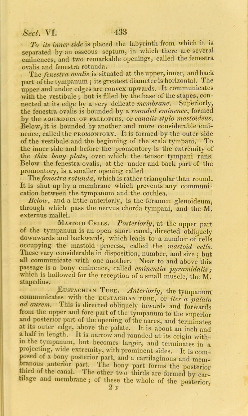 To its inner side is placed the labyrinth from which it is separated by an osseous septum, in which there are several eminences, and two remarkable openings, called the fenestra ovalis and fenestra rotunda. The fenestra ovalis is situated at the upper, inner, and back part of the tympanum ; its greatest diameter is horizontal. The upper and under edges are convex upwards. It communicates with the vestibule; but is filled by the base of the stapes, con- nected at its edge by a very delicate membrane'. Superiorly, the fenestra ovalis is bounded by a rounded eminence, formed by the aqueduct of fallopius, or canalis stylo mastoideus. Below, it is bounded by another and more considerable emi- nence, called the promontory. It is formed by the outer side of the vestibule and the beginning of the scala tympani. To the inner side and before the promontory is the extremity of the thin bony plate, over which the tensor tympani runs. Below the fenestra ovalis, at the under and back part of the promontory, is a smaller opening called The fenestra rotunda, which is rather triangular than round. It is shut up by a membrane which prevents any communi- cation between the tympanum and the cochlea. Below, and a little anteriorly, is the foramen glenoideum, through which pass the nervus chorda tympani, and the M. externus mallei. Mastoid Cells. Posteriorly, at the upper part of the tympanum is an open short canal, directed obliquely downwards and backwards, which leads to a number of cells occupying the mastoid process, called the mastoid cells. These vary considerable in disposition, number, and size ; but all communicate with one another. Near to and above this passage is a bony eminence, called eminentia pyramidalis; which is hollowed for the reception of a small muscle, the M. stapedius. Eustachian Tube. Anteriorly, the tympanum communicates with the Eustachian tube, or iter a palato ad aurem. This is directed obliquely inwards and forwards from the upper and fore part of the tympanum to the superior and posterior part of the opening of thenares, and terminates at its outer edge, above the palate. It is about an inch and a half in length. It is narrow and rounded at its origin with- in the tympanum, but becomes larger, and terminates in a projecting, wide extremity, with prominent sides. It is com- posed of a bony posterior part, and a cartilaginous and mem- branous anterior part. The bony part forms the posterior third of the canal. The other two thirds are formed by car- tilage and membrane; of these the whole of the posterior.