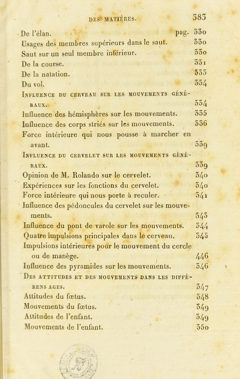 De l’élan. pag. 33o Usages des membres supérieurs dans le saut. 53o Saut sur un seul membre inférieur. 53o De la course. De la natation. 555 Du vol. 534 Influence du cerveau sur les mouvements géné- raux. 554 Influence des hémisphères sur les mouvements. Influence des corps striés sur les mouvements. Force intérieure qui nous pousse à marcher en avant. Influence du cervelet sur les mouvements géné- raux. Opinion de M. Rolande sur le cervelet. Expériences sur les fonctions du cervelet. Force intérieure qui nous porte à reculer. Influence des pédoncules du cervelet sur les mouve- ments. Influence du pont de varole sur les mouvements. Quatre impulsions principales dans le cerveau. Impulsions intérieures pour le mouvement du cercle ou de manège. Influence des pyramides sur les mouvements. Des attitudes et des mouvements dans les diffé- RENS AGES. Attitudes du fœtus. Mouvements du fœtus. Altitudes de l’enfant. Mouvements de l’enfant. 335 556 35q 339 340 54o 54! 545 544 545 446 546 347 548 349 549 350