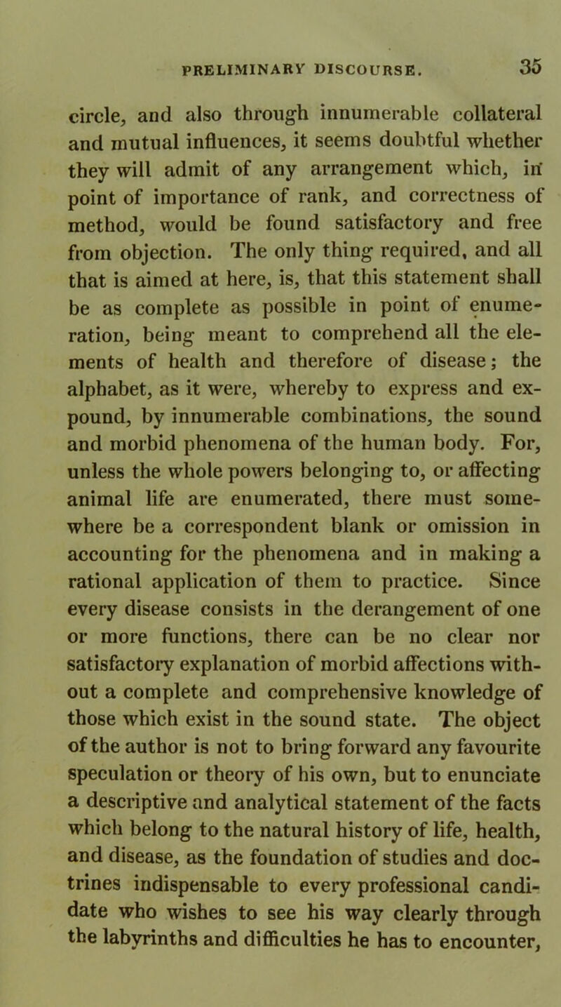 circle, and also through innumerable collateral and mutual influences, it seems doubtful whether they will admit of any arrangement which, in' point of importance of rank, and correctness of method, would be found satisfactory and free from objection. The only thing required, and all that is aimed at here, is, that this statement shall be as complete as possible in point ol enume- ration, being meant to comprehend all the ele- ments of health and therefore of disease; the alphabet, as it were, whereby to express and ex- pound, by innumerable combinations, the sound and morbid phenomena of the human body. For, unless the whole powers belonging to, or affecting animal life are enumerated, there must some- where be a correspondent blank or omission in accounting for the phenomena and in making a rational application of them to practice. Since every disease consists in the derangement of one or more functions, there can be no clear nor satisfactoiy explanation of morbid affections with- out a complete and comprehensive knowledge of those which exist in the sound state. The object of the author is not to bring forward any favourite speculation or theory of his own, but to enunciate a descriptive and analytical statement of the facts which belong to the natural history of life, health, and disease, as the foundation of studies and doc- trines indispensable to every professional candi- date who wishes to see his way clearly through the labyrinths and difficulties he has to encounter,