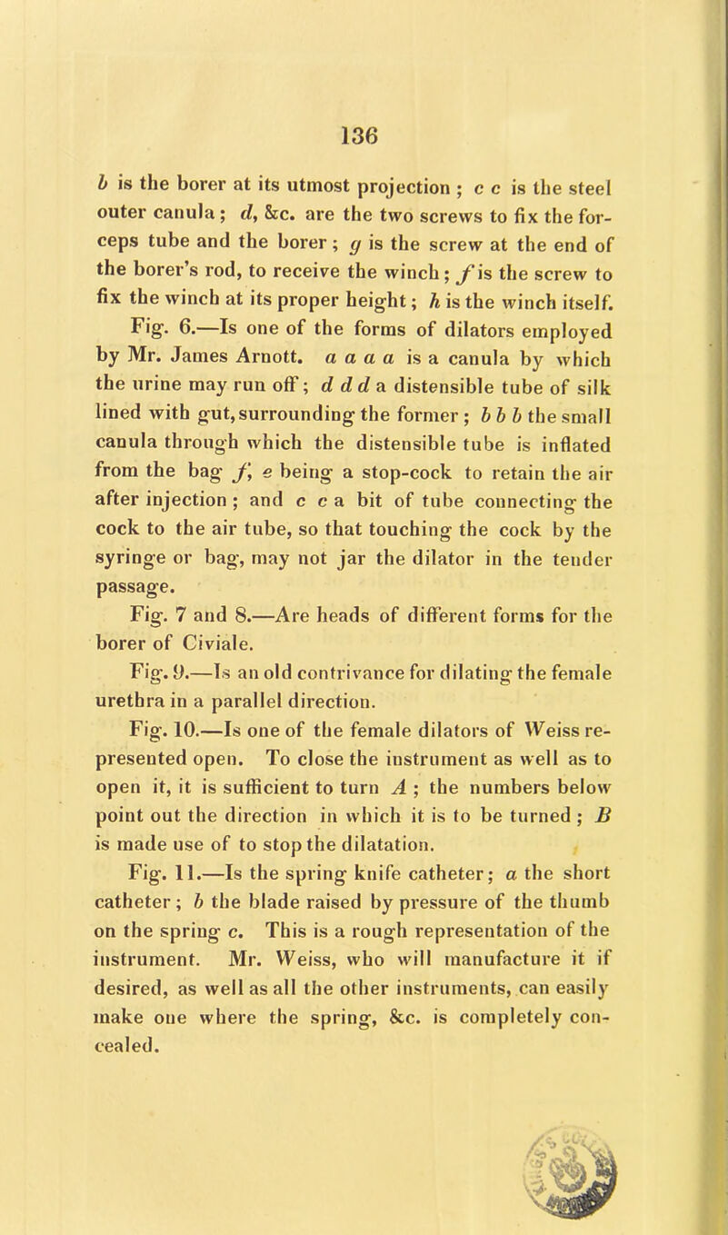b is the borer at its utmost projection ; c c is the steel outer canula; d, &c. are the two screws to fix the for- ceps tube and the borer; y is the screw at the end of the borer’s rod, to receive the winch; f is the screw to fix the winch at its proper height; h is the winch itself. Fig. 6.—Is one of the forms of dilators employed by Mr. James Arnott. a a a a is a canula by which the urine may run off; d dd a distensible tube of silk lined with gut, surrounding the former ; bbb the small canula through which the distensible tube is inflated from the bag f, e being a stop-cock to retain the air after injection ; and c c a bit of tube connecting the cock to the air tube, so that touching the cock by the syringe or bag, may not jar the dilator in the tender passage. Fig. 7 and 8.—Are heads of different forms for the borer of Civiale. Fig. 9.—Is an old contrivance for dilating the female urethra in a parallel direction. Fig. 10.—Is one of the female dilators of Weiss re- presented open. To close the instrument as well as to open it, it is sufficient to turn A ; the numbers below point out the direction in which it is to be turned ; B is made use of to stop the dilatation. Fig. 11.—Is the spring knife catheter; a the short catheter; b the blade raised by pressure of the thumb on the spring c. This is a rough representation of the instrument. Mr. Weiss, who will manufacture it if desired, as well as all the other instruments, can easily make one where the spring, &c. is completely con- cealed. 'fij tiCV
