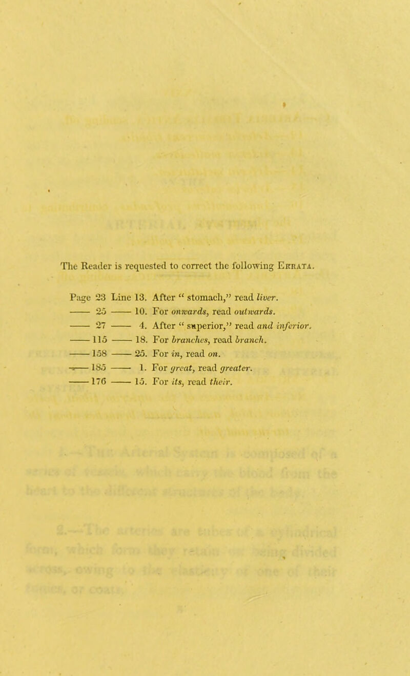 The Reader is requested to correct the following Errata. Page 23 Line 13. 25 10. 27 4. 115 18. 158 25. 185 1. 176 15. After “ stomach,” read liver. For onwards, read outwards. After “ superior,” read and inferior. For branches, read branch. For in, read on. For great, read greater. For its, read their.