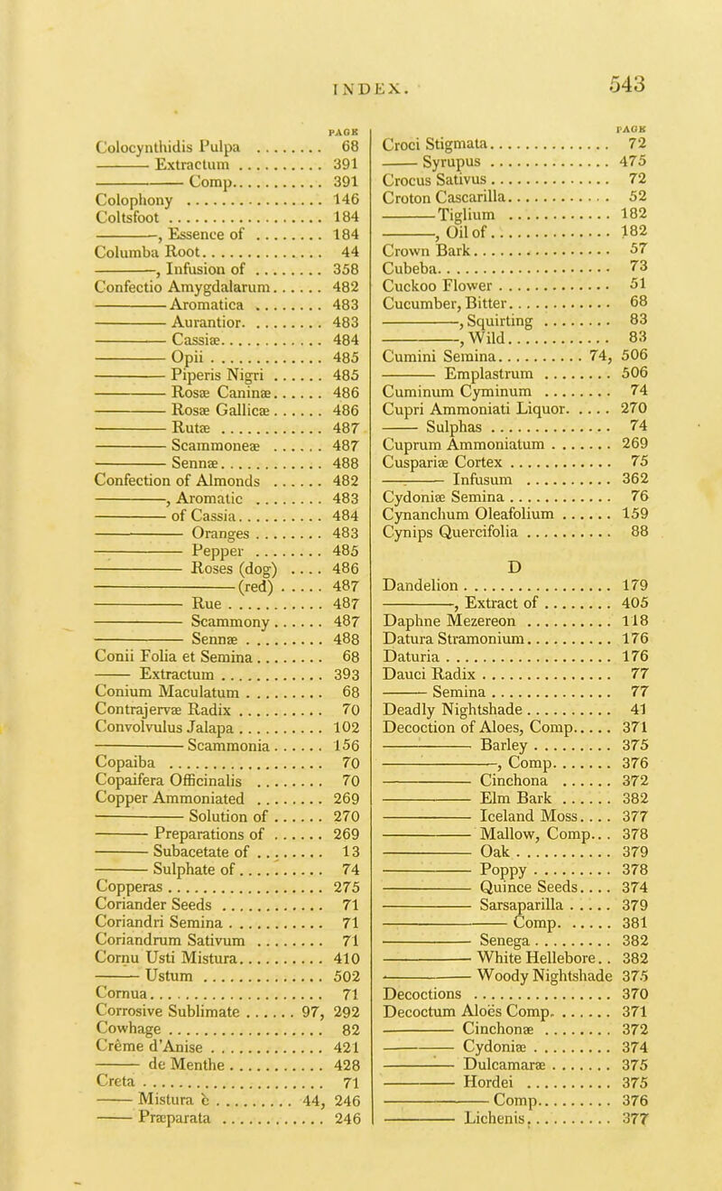 I XDEX. Colocynthidis Pulpa Extraclum Comp Colophony Coltsfoot , Essence of Columba Root , Infusion of Confectio Amygdalaruni Aromatica Aurantior CassisE Opii Piperis Nigri RosiE Caninae Rosae Gallicte ■ Rute Scammoneae Sennae Confection of Almonds , Aromatic of Cassia Oranges — Pepper Roses (dog) .... (red) Rue Scammony Sennae Conii Folia et Semina Extractum Conium Maculatum Contrajervae Radix Convolvulus Jalapa Scammonia Copaiba Copaifera Officinalis Copper Ammoniated • Solution of Preparations of Subacetate of Sulphate of Copperas Coriander Seeds Coriandri Semina Coriandrum Sativum Cornu Usti Mistura Ustum Cornua Corrosive Sublimate 97, Cowhage Cr^me d’Anise de Menthe Creta Mistura e 44, Pra;parata PAOK Croci Stigmata 72 Syrupus 475 Crocus Sativus 72 Croton Cascarilla 52 Tiglium 182 , Oil of 182 Crown Bark 57 Cubeba Cuckoo Flower 51 Cucumber, Bitter 68 , Squirting 83 ,Wild 83 Cumini Semina 74, 506 Emplastrum 506 Cuminum Cyminum 74 Cupri Ammoniati Liquor 270 Sulphas 74 Cuprum Ammoniatum 269 Cuspariae Cortex 75 —: Infusum 362 Cydoniae Semina 76 Cynanchum Oleafolium 159 Cynips Quercifolia 88 D Dandelion 179 , Extract of 405 Daphne Mezereon 118 Datura Stramonium 176 Daturia 176 Dauci Radix 77 Semina 77 Deadly Nightshade 41 Decoction of Aloes, Comp 371 Barley 375 , Comp 376 Cinchona 372 Elm Bark 382 Iceland Moss.... 377 Mallow, Comp... 378 Oak 379 Poppy 378 Quince Seeds.... 374 Sarsaparilla 379 Comp 381 Senega 382 White Hellebore.. 382 ■ Woody Nightshade 375 Decoctions 370 Decoctum Aloes Comp 371 Cinchonas 372 Cydoniae 374 ^— Dulcamaras 375 Hordei 375 Comp 376 Lichenis. 377 PAQK 68 391 391 146 184 184 44 358 482 483 483 484 485 485 486 486 487 487 488 482 483 484 483 485 486 487 487 487 488 68 393 68 70 102 156 70 70 269 270 269 13 74 275 71 71 71 410 502 71 292 82 421 428 71 246 246