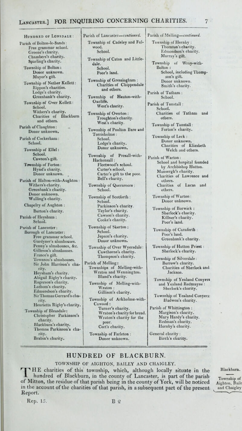 Hundred of Lonsdale: Parish of Bolton-le-Sands: Free grammar school, Greene’s charity. Chambers’s charity. Sparling’s charity. Township of Bolton: Donor unknown. Mayor’s gift. Township of Nether Kellett: Kippon’s charities. Lodge’s charity, Greenbank’s charity. Township of Over Kellett: School. Withers's charity. Charities of Blackburn and others. Parish of Claughton: Donor unknown. Parish of Cockerham: School. Township of Ellel: School. Cawson’s gift. Township of Forton; Hynd’s charity. Donor unknown. Parish of Halton-with-Aughton; Withers’s charity. Greenbank’s charity. Donor unknown. Walling’s charity. Chapelry of .Aughton : Burton’s charity. Parish of Heysham: School. Parish of Lancaster: Borough of Lancaster: Free grammar school. Gardyner’s almshouses. Penny’s almshouses, &c. Gilleson’s almshouses. France’s gift. Townson’s almshouses. Sir John Harrison’s cha- rity. Heysham’s charity. Abigail Rigby’s charity. Rogerson’s charity. Lathom’s charity. Edmondson’s charity. SirThomas Gerrard’s cha- rity. Henrietta Rigby’s charity. Township of Bleasdale: Christopher Parkinson's charity. Blackburn’s charity. Thomas Parkinson’s cha- rity. Brabin's charity. Parish of Lancaster—coutinutd. Township of Cadeley and Ful- wood. School. ’Pownship of Caton and Little- dale. School. Poor’s land. Township of Gressingham : Charities of Chippendale and others. Township of Heaton-with- Oxcliffe. West’s charity. Township of Overton: Trough ton’s charity. West’s charity. Township of Poulton Bare and Torrisholme: School. Lodge’s charity. Donor unknown. Township of Presall-v/ith- Hackensall: Fleetwood’s school. Carter’s school. Carter’s gift to the poor. Bell’s charily. Township of Quernmore: School. Township of Scotforth : School. Parkinson’s charity. Taylor’s charity. Cawson’s charity. Cooke’s charity. Township of Skerton : School. Jepson’s charity. Donor unknown. Township of Over Wyersdale: Cawthorne’s charity. Thompson’s charity. Parish of Melling: 'Fownships of Melling-with- Wratoii and Wennington. Bland’s charity. Township of Melling-with- Wraton : Gillison’s charity. 'Fownship of Arkholme-with- Cawood: Turner’s charity. Wraton’s charity for bread. Wraton’s charity for the poor. Cort’s charity. Township of Farleton : Donor unknown. Parish of Melling—continued. Township of Hornby : Thornton’s charity. Edmondson’s charity. Murray’s gift. Township of Wray-with- Bolton : School, including Thomp- son’s gift. Donor unknown. Smith’s charity. Parish of Tatham ; School. Parish of Tunstall: School. Charities of Tatham and others. Township of Tunstall: Forton’s charity. Township of Leek : Donor unknown. Charities of Elizabeth Welch and others. Parish of Warton : School and hospital founded by Archbishop Hutton. Mansergh’s charity. Charities of Lawrence and others. Charities of Lucas and others. Township of Warton: Donor unknown. Township of Borwick : Sherlock’s charity. Killner’s charity. Poor’s land. Township of Carnforth : Poor’s land. Greenbank’s charity. Township of Hutton Priest : Sherlock’s charity. Township of Silverdale: Burrow’s charity. Charities of Sherlock and Jackson. 'Fownship of Yealand Conyers and Y ealand Redmayne : Sherlock’s charity. 'I'ownsKip of Yealand Conyers: Hadwen’s charity. Parish of Whittington : Margison’s charity. Mary Hardy’s charity. Redman’s charity. Hornby’s charity. General charity: Birch’s charity. HUNDRED OF BLACKBURN. TOWNSHIP OF AIGHTON, BAILEY AND CHAIGLEY. The charities of this township, which, although locally situate in the Blackburn. hundred of Blackburn, in the county of Lancaster, is part of the parish Township of of Mitton, the residue of that parish being in the county of York, will be noticed Aighton, Bailc in the account of the charities of that parish, in a subsequent part of the present and Chaigley Report. ' Rep. 15. B 2