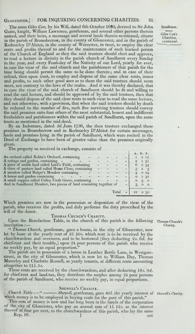 The same Giles Cox, by his Will, dated 6th October 1620, devised to Sir John Guise, knight, William Lawrence, gentleman, and several other persons therein named, and their heirs, a messuage and several lands therein mentioned, situate in the parish of Bromsberrow, in the county of Gloucester, and in the parish of Redmarley D’Abitot, in the county of Worcester, in trust, to employ the clear rents and profits thereof to and for the maintenance of such learned person of the Church of England as they the said trustees should elect and approve, to read a lecture in divinity in the parish church of Sandhurst every Sunday in the year, and every Feast-day of the Nativity of our Lord, yearly for ever, in case the vicar of the said church and the parishioners of that parish for the time being should permit the same to be done therein; and in case of their refusal, then upon trust, to employ and dispose of the same clear rents, issues and profits, to such other good uses as to them the said trustees should seem meet, not contrary to the laws of the realm. And it was thereby declared, that in case the vicar of the said church of Sandhurst should be fit and willing to read the said lecture, and should be approved of by the said trustees, then that they should dispose of the said clear rents to such vicar to read the same lecture, and not otherwise; with a provision, that when the said trustees should by death be reduced to the number of five, such five surviving trustees should convey the said premises unto four others of the most substantial, honest and indifferent freeholders and parishioners within the said parish of Sandhurst, upon the same trusts as mentioned in the said deed. By an Indenture, dated 3d June 1736, the then trustees exchanged these premises in Bromsberrow and in Redmarley D’Abitot for certain messuages, lands and premises lying in the parish of Sandhurst, which were recited in the Deed of Exchange to have been of greater value than the premises originally given. The property so received in exchange, consists of A. R. p. An orchard called Robin’s Orchard, containing - A cottage and garden, containing -------- A piece of arable land called Lord’s Field, containing - A close of pasture land called Home Close, containing - A meadow called Bulger’s Meadow containing - A house and garden containing - -- -- -- - A small coppice called Colley Croft Grove, containing - And in Sandhurst Meadow, two pieces of land consisting together of Total 1 2 17 o 1 31 6 0 34 5 2 3 4 O 24 o 1 3i o 3 0 3 o 0 22 0 CO 0 Sandhurst. Giles Cox’s Charities, continued. s Which premises are now in the possession or disposition of the vicar of the parish, who receives the profits, and duly performs the duty prescribed by the will of the donor. Thomas Church’s Charity. Upon the Benefaction Table, in the church of this parish is the following Thomas Church’s inscription :— Charity. “ Thomas Church, gentleman, gave a house, in the city of Gloucester, now let by lease at the yearly rent of 21. IDs. which rent is to be received by the church wardens and overseers, and to be bestowed (they deducting 2s. Qd. for chief-rent and their trouble,) upon 24 poor persons of this parish who receive no weekly pay, by an equal proportion.” The parish are in possession of a house in Leather Bottle Lane, in Westgate- street, in the city of Gloucester, which is now let to William Day, Thomas Maverley and Charlotte Russell, as yearly tenants, at different rents amounting altogether to 11/. 5s. These rents are received by the churchwardens, and after deducting 18s. 9d. for chief-rent and land-tax, they distribute the surplus among 24 poor persons of the parish of Sandhurst, who receive no weekly pay, in equal proportions. Shewell’s Charity. Church Table :—“ Shewell, gentleman, gave 40/. the yearly interest of Shewell’s Charity, which money is to be employed in buying coals for the poor of this parish.” This sum of money is now and has long been in the hands of the corporation of the city of Gloucester, who pay an annual sum of 1/. 12s. as the interest thereof at four per cent, to the churchwardens of this parish, who lay the same Rep. 16. J out