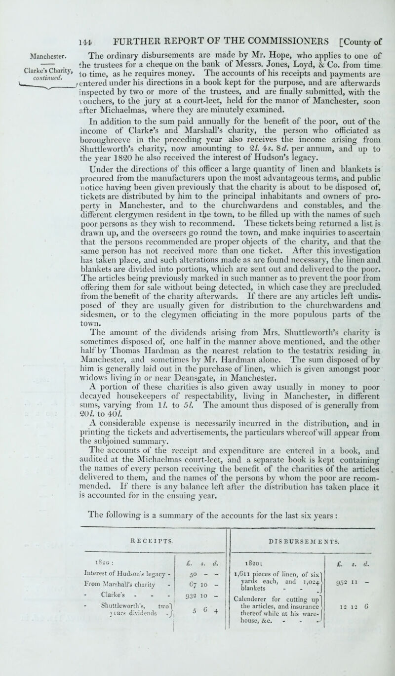 Manchester. The ordinary disbursements are made by Mr. Hope, who applies to one of -— . the trustees for a cheque on the bank of Messrs. Jones, Loyd, & Co. from time CIa^Chanty, to t-me> as jie requires money. The accounts of his receipts and payments are * /entered under his directions in a book kept for the purpose, and are afterwards inspected by two or more of the trustees, and are finally submitted, with the vouchers, to the jury at a court-leet, held for the manor of Manchester, soon after Michaelmas, where they are minutely examined. In addition to the sum paid annually for the benefit of the poor, out of the income of Clarke’s and Marshall’s charity, the person who officiated as boroughreeve in the preceding year also receives the income arising from Shuttleworth’s charity, now amounting to 2/. 4s. 8 d. per annum, and up to the year 1820 he also received the interest of Hudson’s legacy. Under the directions of this officer a large quantity of linen and blankets is procured from the manufacturers upon the most advantageous terms, and public notice having been given previously that the charity is about to be disposed of, tickets are distributed by him to the principal inhabitants and owners of pro- perty in Manchester, and to the churchwardens and constables, and the different clergymen resident in the town, to be filled up with the names of such poor persons as they wish to recommend. These tickets being returned a list is drawn up, and the overseers go round the town, and make inquiries to ascertain that the persons recommended are proper objects of the charity, and that the same person has not received more than one ticket. After this investigation has taken place, and such alterations made as are found necessary, the linen and blankets are divided into portions, which are sent out and delivered to the poor. The articles being previously marked in such manner as to prevent the poor from offering them for sale without being detected, in which case they are precluded from the benefit of the charity afterwards. If there are any articles left undis- posed of they are usually given for distribution to the churchwardens and sidesmen, or to the clegymen officiating in the more populous parts of the town. The amount of the dividends arising from Mrs. Shuttleworth’s charity is sometimes disposed of, one half in the manner above mentioned, and the other half by Thomas Hardman as the nearest relation to the testatrix residing in Manchester, and sometimes by Mr. Hardman alone. The sum disposed of by him is generally laid out in the purchase of linen, which is given amongst poor widows living in or near Deansgate, in Manchester. A portion of these charities is also given away usually in money to poor decayed housekeepers of respectability, living in Manchester, in different sums, varying from 11. to 51. The amount thus disposed of is generally from 20/. to 40/. A considerable expense is necessarily incurred in the distribution, and in printing the tickets and advertisements, the particulars whereof will appear from the subjoined summary. The accounts of the receipt and expenditure are entered in a book, and audited at the Michaelmas court-leet, and a separate book is kept containing the names of every person receiving the benefit of the charities of the articles delivered to them, and the names of the persons by whom the poor are recom- mended. If there is any balance left after the distribution has taken place it is accounted for in the ensuing year. The following is a summary of the accounts for the last six years : receipts. DISBURSEMENTS. 1S20 : £. i. d. 1820; Interest of Hudson’s legacy - From Marshall’s charity - Clarke’s - Shuttleworth’s, two] } ears dividends -J ( 50 - - C7 10 - 932 10 - 5 G 4 1,611 pieces of linen, of six] yards each, and 1,024' blankets Calenderer for cutting upj the articles, and insurance '■ thereof while at his ware- house, &c. £. s. d. 952 11 - 12 12 G