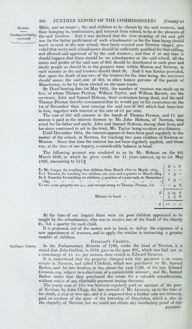 Newton. Bible, and no longer ; the said children to be chosen by the said trustees, and — . their bringing in, continuance, and removal from school, to be at the pleasure of Chetham’sClianty, tjie sajj trustees. And it was declared that the true meaning of the said gift v L0 “lu ' ^ was for the better preferment of such schoolmaster as for the time being should teach to read at the new school, then lately erected near Newton chapel, pro- vided that every such schoolmaster should be sufficiently qualified for that calling, and allowed and approved of by the said trustees; and that if at any time it should happen that there should be no schoolmaster at the said school, all the issues and profits of the said sum of 20/. should be distributed to such poor and needy people as should be in the greatest want within Moston and Newton, in such manner as the said trustees should think fit. And it was further provided, that upon the death of any two of the trustees for the time being, the survivors should assure the said sum of 20/. to other honest persons of the parish of Manchester, to be by them elected on the same trusts. By Deed bearing date 1st May 1805, the number of trustees was made up to five, of whom Thomas Preston, William Taylor, and William Barrett, are the survivors, John and Samuel Hobson, their co-trustees being dead, and the said Thomas Preston thereby covenanted that he would pay to his co-trustees on the 1st of November then next ensuing the said sum of 20/. which had been lent to him, together with interest at the rate of 5 /. per cent. The sum of 20/. still remains in the hands of Thomas Preston, and 1/. per annum is paid as the interest thereon to Mr. John Hobson, of Newton, who acted for his father and uncle, John and Samuel Hobson, during their lives, and has since continued to act in the trust, Mr. Taylor being resident at a distance. Until December 1824, the interest appears to have been paid regularly to the master of the school, at Newton, for teaching two poor children of Newton or Moston. Since that time the interest has not been regularly applied, and there was, at the time of our inquiry, a considerable balance in hand. The following account was rendered to us by Mr. Hobson on the 4th March 1826, in which he gives credit for 11 years interest, up to 1st May 1825, amounting to 11 /.Jj £. s. d. To Mr. Cooper, for teaching four children from March 1822 to March 1823 To J. Tweedal, for teaching two children, one year and a quarter to March 1824 To J. Tweedal, for teaching six children, 3 quarters of a year each, to Decembers 1825 J To two years property-tax 4 s., and receipt-stamp to Thomas Preston, 6d. Balance in hand 2 — — 1 5 - 2 5 - -46 5 14 6 5 5 6 11 - - At the time of our inquiry there were six poor children appointed to be taught by the schoolmaster, who was to receive out of the funds of the charity 2 s. 6 cl. a quarter for each child. It is proposed, out of the money now in hand, to defray the expenses of a new appointment of trustees, and to apply the residue in instructing a greater number of children. Guillam’s Charity. Guillam’s Charity. In the Parliamentary Returns of 1786, under the head of Newton, it is stated that John Guillam, in 1632, gave to the poor 20/., which was laid out in a rentcharge of 1/. 4.v. per annum, then vested in Edward Greaves. It is understood that the property charged with this payment is an estate situate in Newton, and called Culcketh, which was purchased by Mr. Samuel Barker, and his late brother, in fee, about the year 1790, of the late Edward Greaves, esq. subject to a chief-rent of a considerable amount; and Mr. Samuel Barker states that they purchased the estate for a valuable consideration, without notice of any charitable payment issuing thereout. The yearly sum of 12 a', was however regularly paid on account of the poor of Newton, by John Clegg, the late steward of Mr. Greaves, up to the time of his death, a year or two ago, and it is supposed that a further sum was formerly paid on account of the poor of the township of Droylsden, which is also in the chapelry of Newton, but we could not obtain any satisfactory proof of this payment.