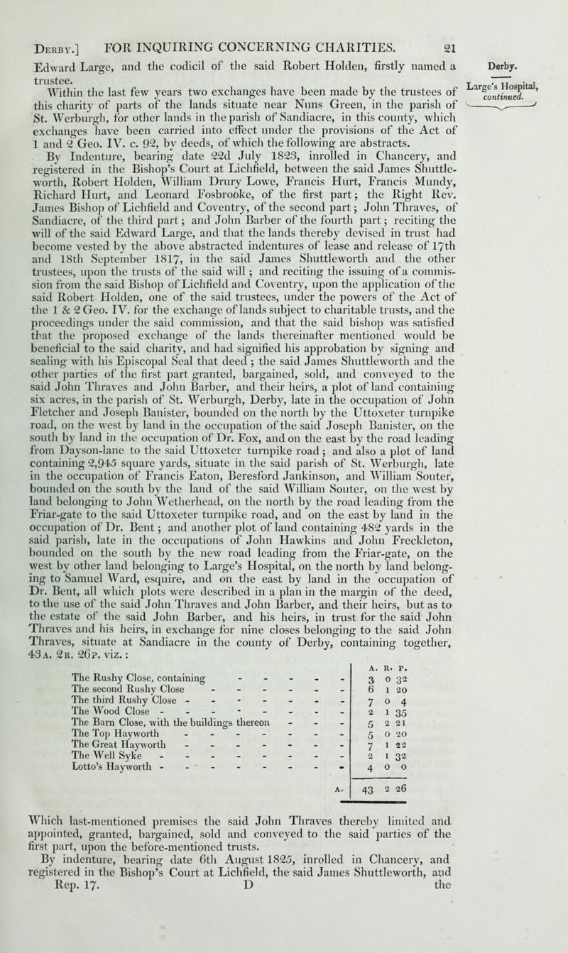 Edward Large, and the codicil of the said Robert Holden, firstly named a trustee. Within the last few years two exchanges have been made by the trustees of this charity of parts of the lands situate near Nuns Green, in the parish of St. Werburgh, for other lands in the parish of Sandiacre, in this county, which exchanges have been carried into effect under the provisions of the Act of 1 and 2 Geo. IV. c. 92, by deeds, of which the following are abstracts. Bv Indenture, bearing date 22d July 1823, inrolled in Chancery, and registered in the Bishop’s Court at Lichfield, between the said James Shuttle- worth, Robert Holden, William Drury Lowe, Francis Hurt, Francis Mundy, Richard Hurt, and Leonard Fosbrooke, of the first part; the Right Rev. James Bishop of Lichfield and Coventry, of the second part; John Thraves, of Sandiacre, of the third part; and John Barber of the fourth part; reciting the will of the said Edward Large, and that the lands thereby devised in trust had become vested by the above abstracted indentures of lease and release of 17th and 18th September 1817, in the said James Shuttleworth and the other trustees, upon the trusts of the said will; and reciting the issuing of a commis- sion from the said Bishop of Lichfield and Coventry, upon the application of the said Robert Holden, one of the said trustees, under the powers of the Act of the 1 & 2 Geo. IV. for the exchange of lands subject to charitable trusts, and the proceedings under the said commission, and that the said bishop was satisfied that the proposed exchange of the lands thereinafter mentioned would be beneficial to the said charity, and had signified his approbation by signing and sealing with his Episcopal Seal that deed ; the said James Shuttleworth and the other parties of the first part granted, bargained, sold, and conveyed to the said John Thraves and John Barber, and their heirs, a plot of land containing six acres, in the parish of St. Werburgh, Derby, late in the occupation of John Fletcher and Joseph Banister, bounded on the north by the Uttoxeter turnpike road, on the west by land in the occupation of the said Joseph Banister, on the south by land in the occupation of Dr. Fox, and on the east by the road leading from Dayson-lane to the said Uttoxeter turnpike road ; and also a plot of land containing 2,915 square yards, situate in the said parish of St. Werburgh, late in the occupation of Francis Eaton, Beresford Jankinson, and William Souter, bounded on the south by the land of the said William Souter, on the west by land belonging to John Wetherhead, on the north by the road leading from the Friar-gate to the said Uttoxeter turnpike road, and on the east by land in the occupation of Dr. Bent; and another plot of land containing 482 yards in the said parish, late in the occupations of John Hawkins and John Freckleton, bounded on the south by the new road leading from the Friar-gate, on the west by other land belonging to Large’s Hospital, on the north by land belong- ing to Samuel Ward, esquire, and on the east by land in the occupation of Dr. Bent, all which plots were described in a plan in the margin of the deed, to the use of the said John Thraves and John Barber, and their heirs, but as to the estate of the said John Barber, and his heirs, in trust for the said John Thraves and his heirs, in exchange for nine closes belonging to the said John Thraves, situate at Sandiacre in the county of Derby, containing; together, 43 a. 2r. 26?. viz.: The Rushy Close, containing The second Rushy Close - The third Rushy Close - - - - The Wood Close - The Barn Close, with the buildings thereon The Top Hayworth - The Great Hayworth - The Well Syke - Lotto’s Hayworth - A. R. P. - - 3 0 32 - - 6 1 20 - - 7 O 4 - - 2 1 35 - - 5 2 21 - - 5 0 20 - - 7 1 22 2 1 32 - - 4 0 0 A. 43 2 26 Which last-mentioned premises the said John Thraves thereby limited and appointed, granted, bargained, sold and conveyed to the said parties of the first part, upon the before-mentioned trusts. By indenture, bearing date 6th August 1825, inrolled in Chancery, and registered in the Bishop’s Court at Lichfield, the said James Shuttleworth, and Rep. 17. D the